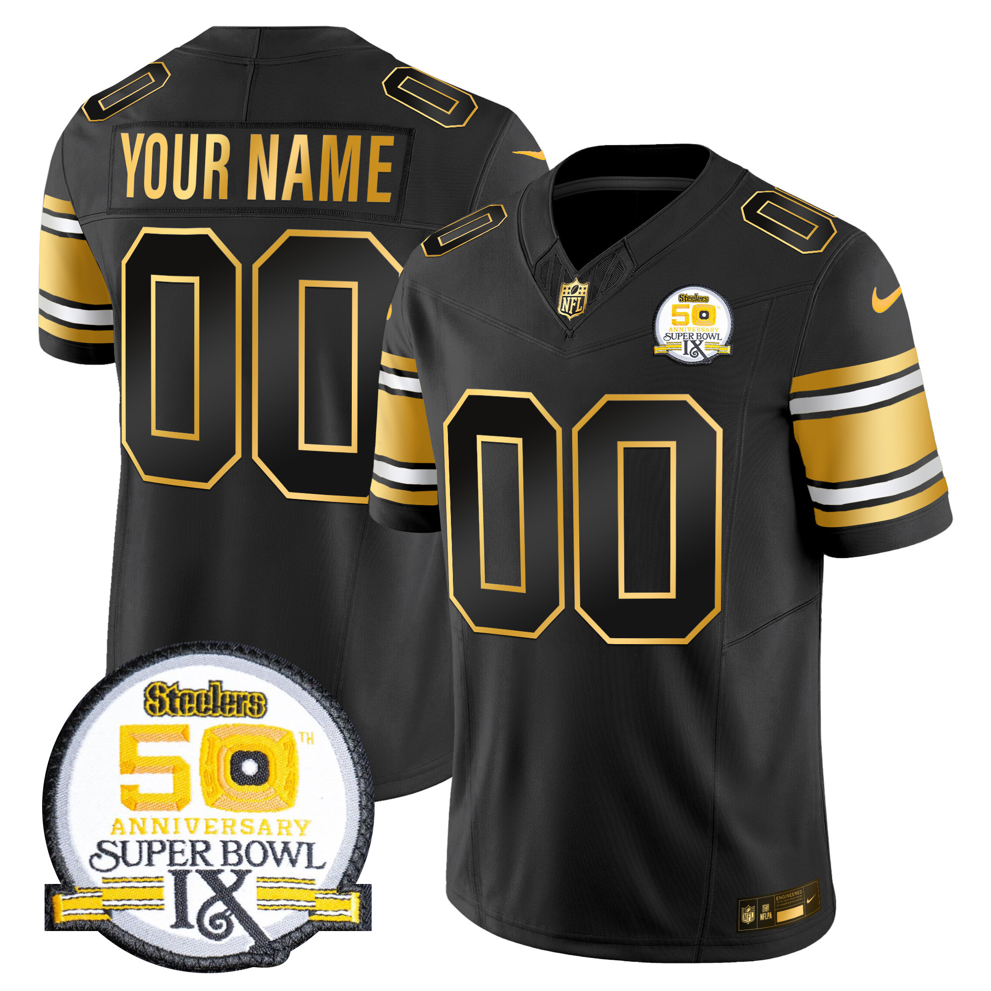 Men's Pittsburgh Steelers 50th Anniversary of Super Bowl IX Patch Gold Vapor Limited Custom Black Gold Jersey - All Stitched