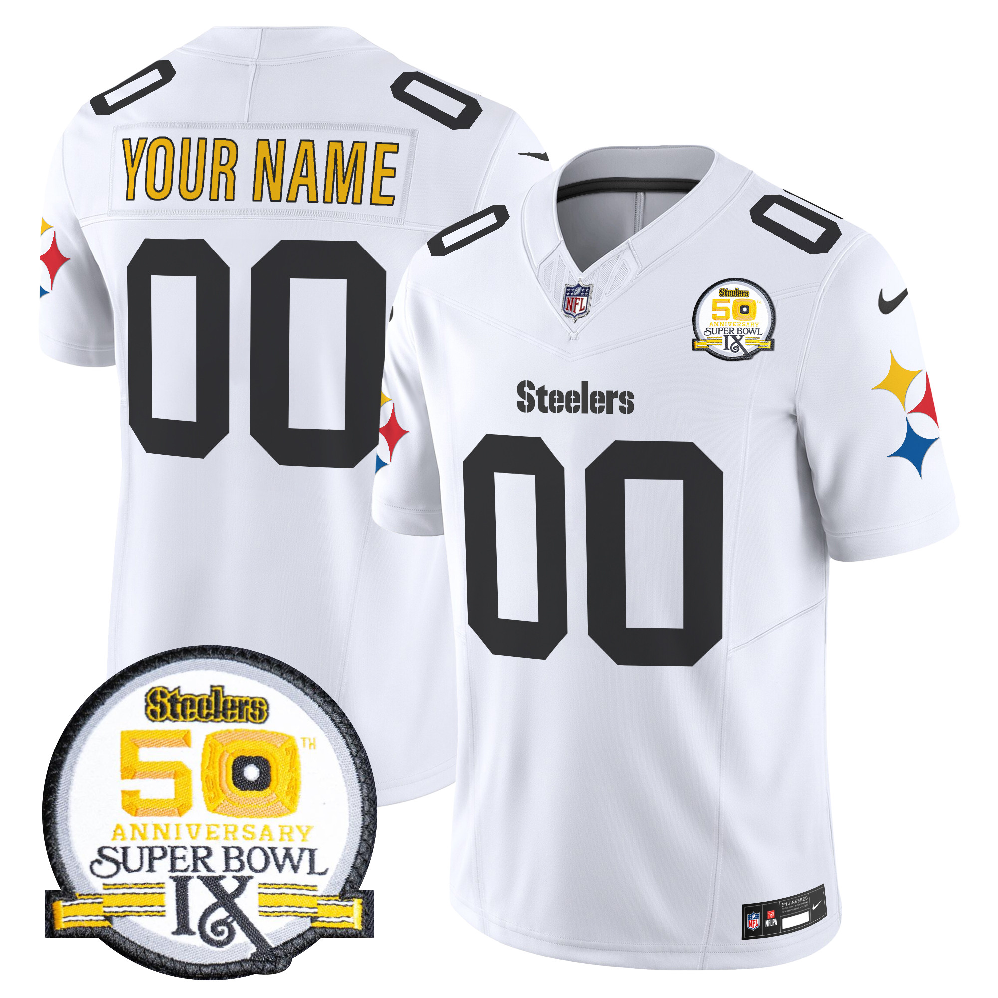Men's Pittsburgh Steelers 50th Anniversary Of Super Bowl IX Patch Vapor Limited Custom 1975 White Jersey - All Stitched