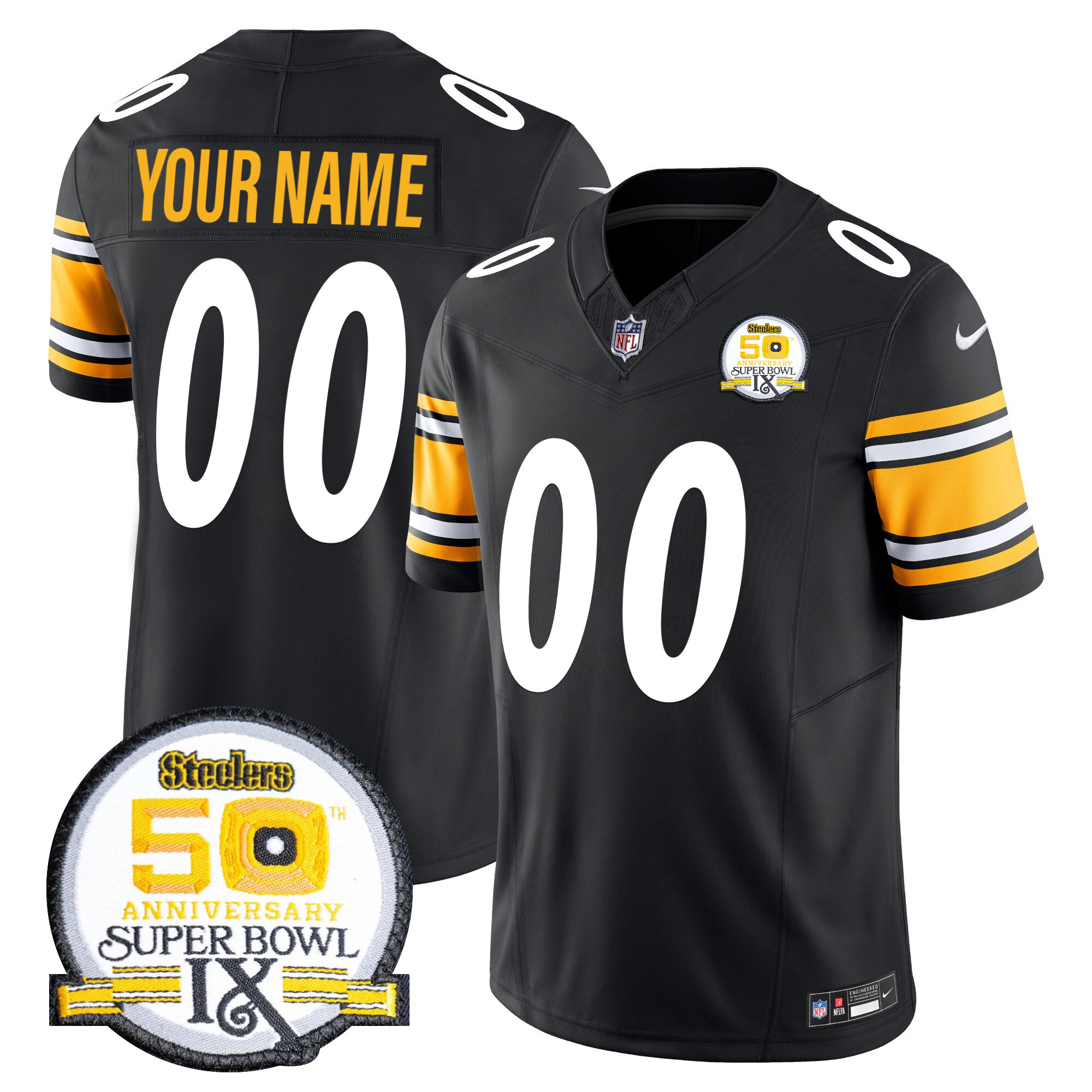 Men's Pittsburgh Steelers 50th Anniversary Of Super Bowl IX Patch Vapor Limited Custom Black Jersey - All Stitched