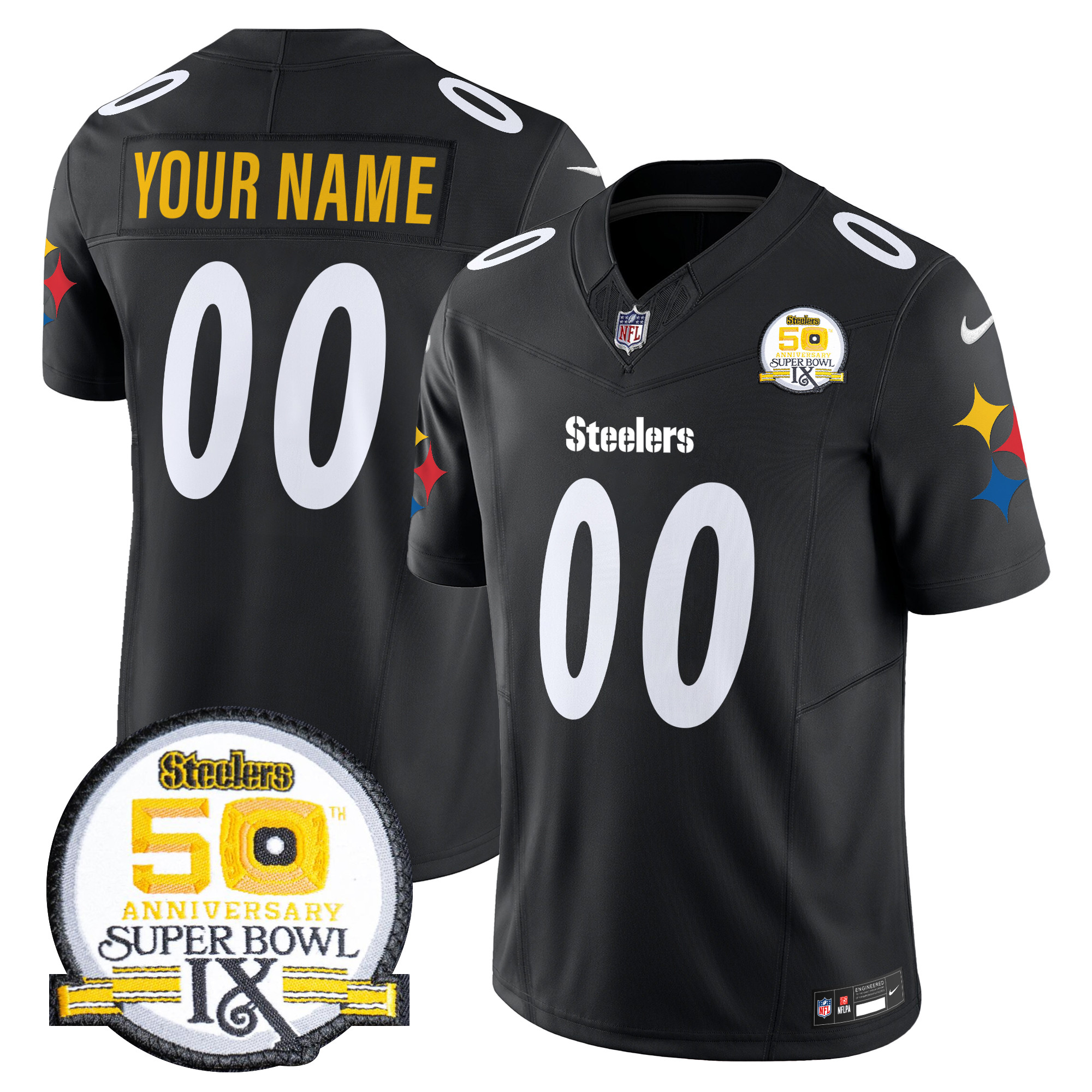 Men's Pittsburgh Steelers 50th Anniversary Of Super Bowl IX Patch Vapor Limited Custom Black Jersey - All Stitched