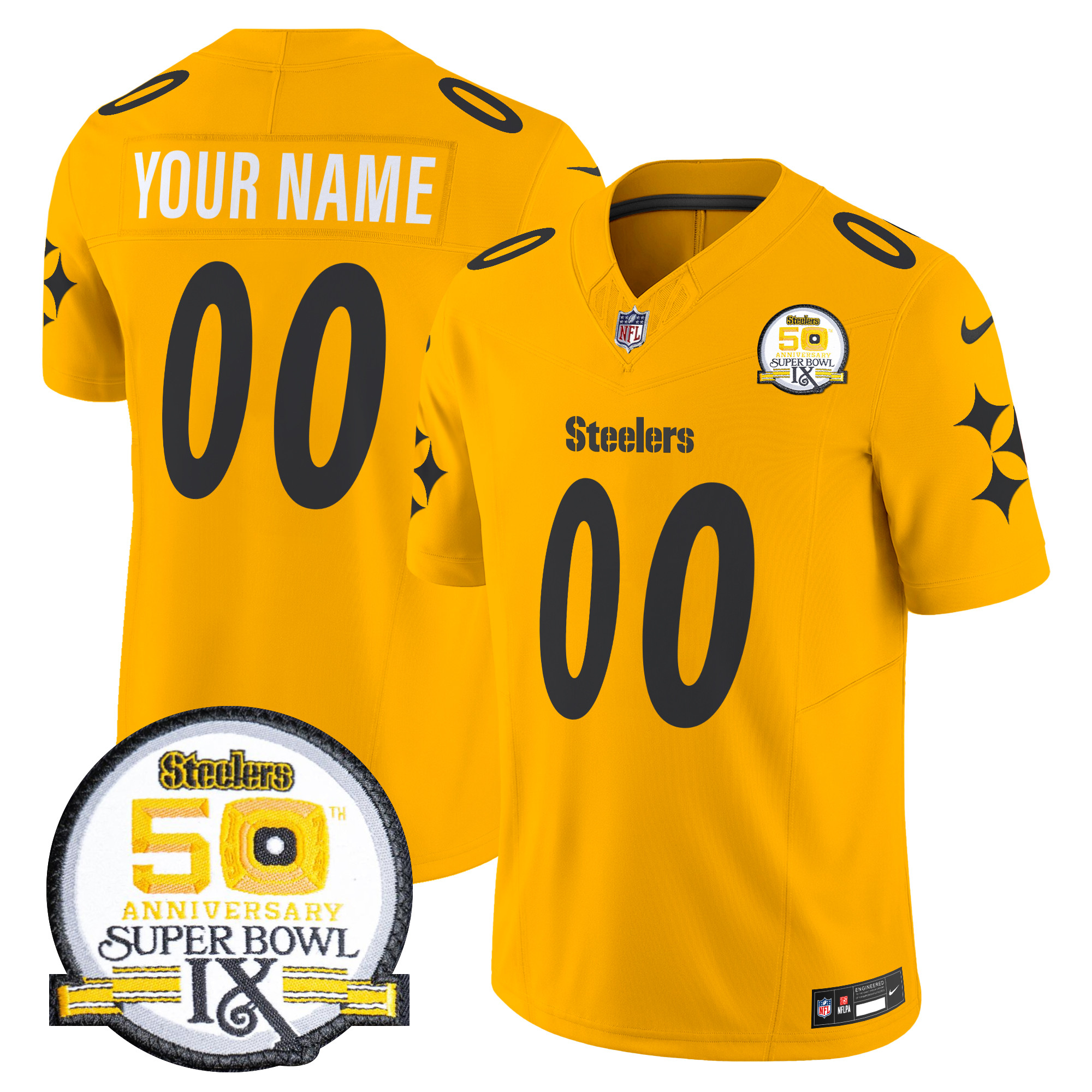 Men's Pittsburgh Steelers 50th Anniversary Of Super Bowl IX Patch Vapor Limited Custom Gold Jersey - All Stitched