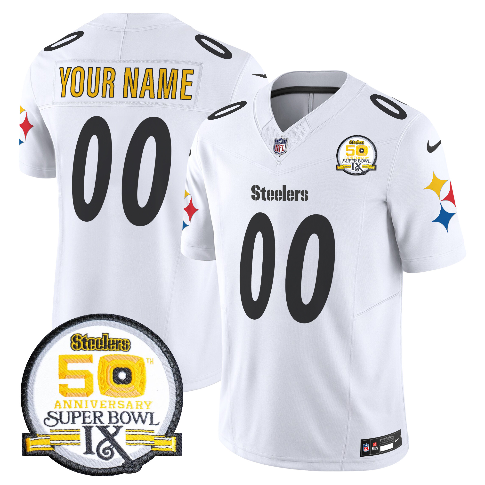 Men's Pittsburgh Steelers 50th Anniversary Of Super Bowl IX Patch Vapor Limited Custom White Jersey - All Stitched
