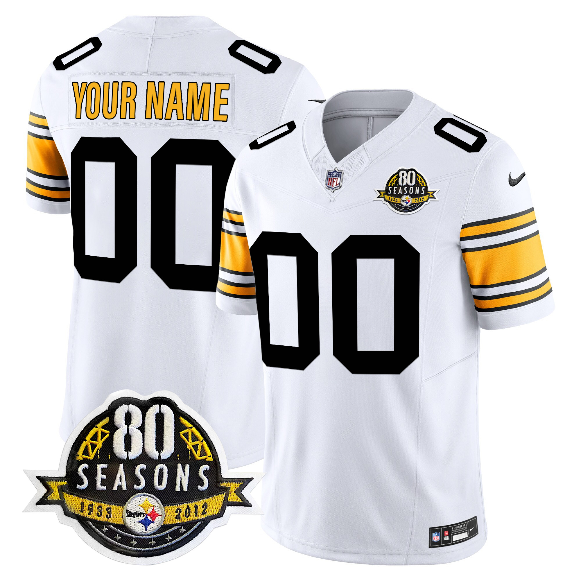 Men's Pittsburgh Steelers 80th Anniversary Patch Vapor Limited Custom 1975 White Jersey - All Stitched
