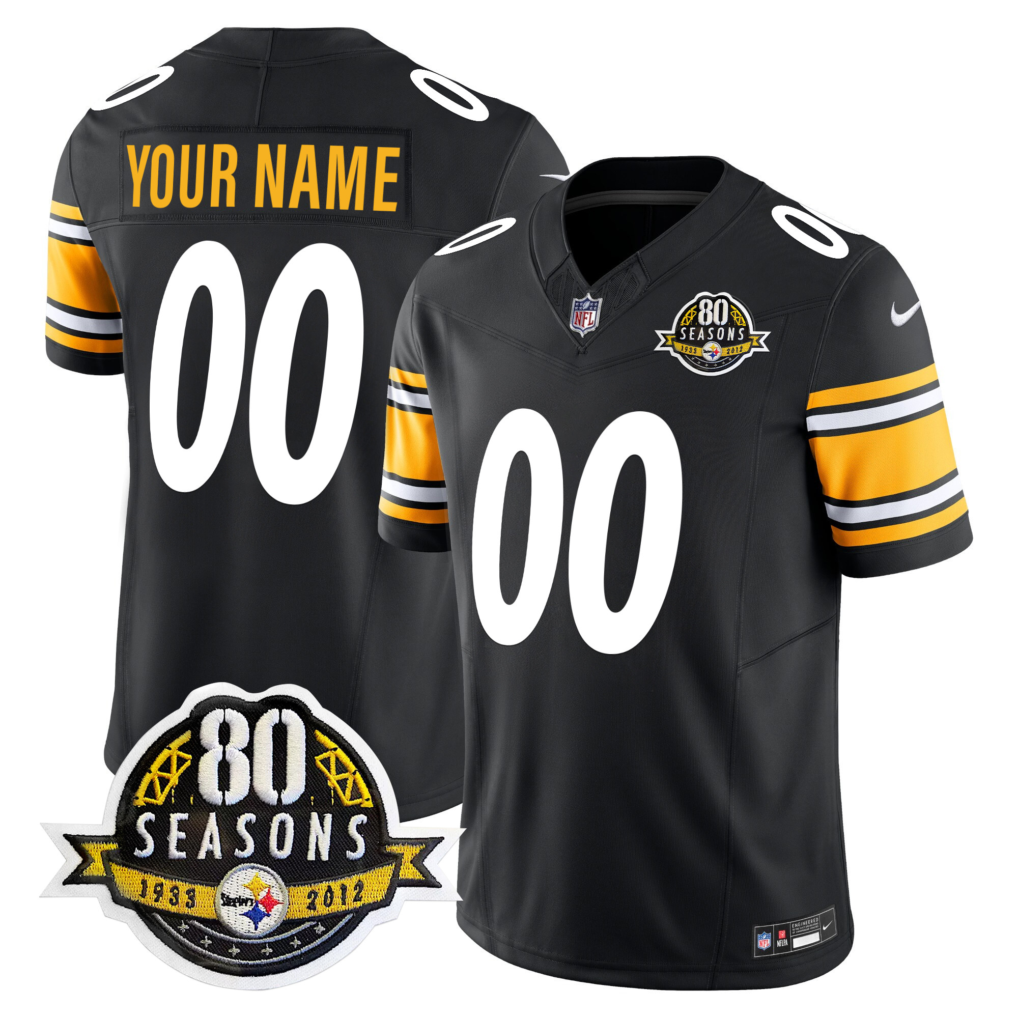 Men's Pittsburgh Steelers 80th Anniversary Patch Vapor Limited Custom Black Jersey - All Stitched