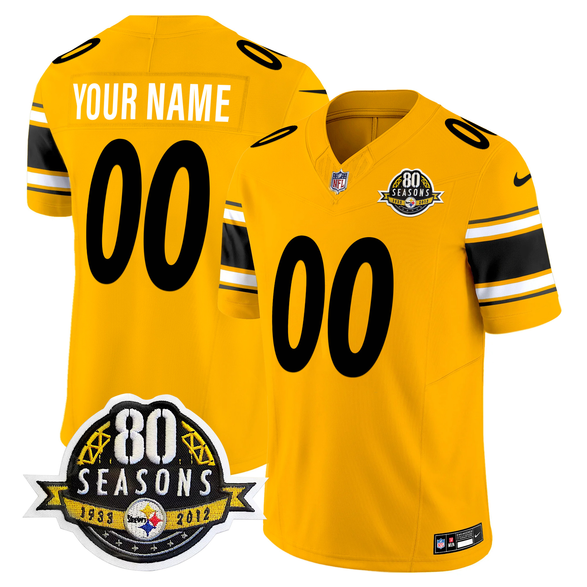 Men's Pittsburgh Steelers 80th Anniversary Patch Vapor Limited Custom Gold Jersey - All Stitched