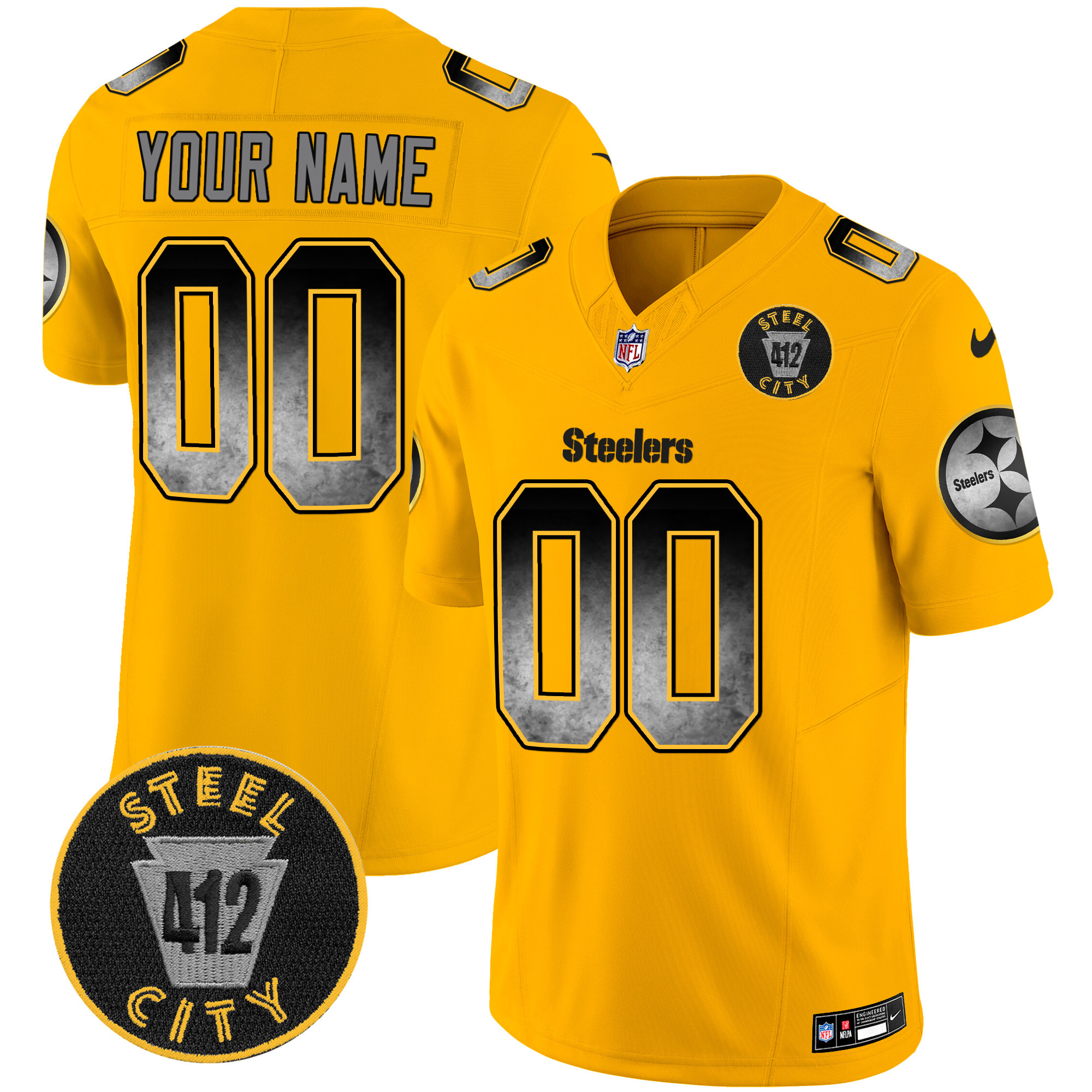 Men's Pittsburgh Steelers Arch Smoke 412 Patch Vapor Limited Custom Gold Jersey - All Stitched