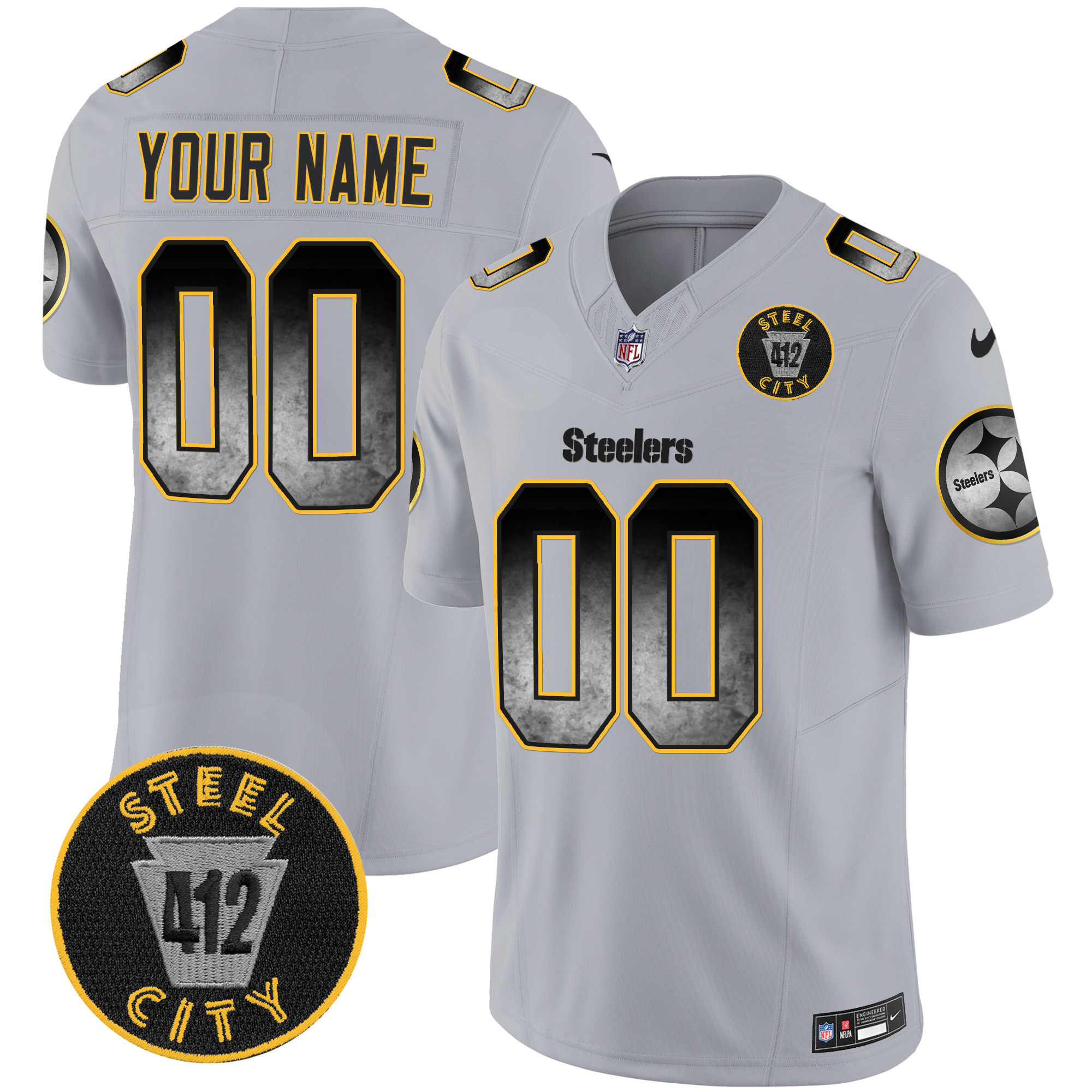 Men's Pittsburgh Steelers Arch Smoke 412 Patch Vapor Limited Custom Gray Jersey - All Stitched