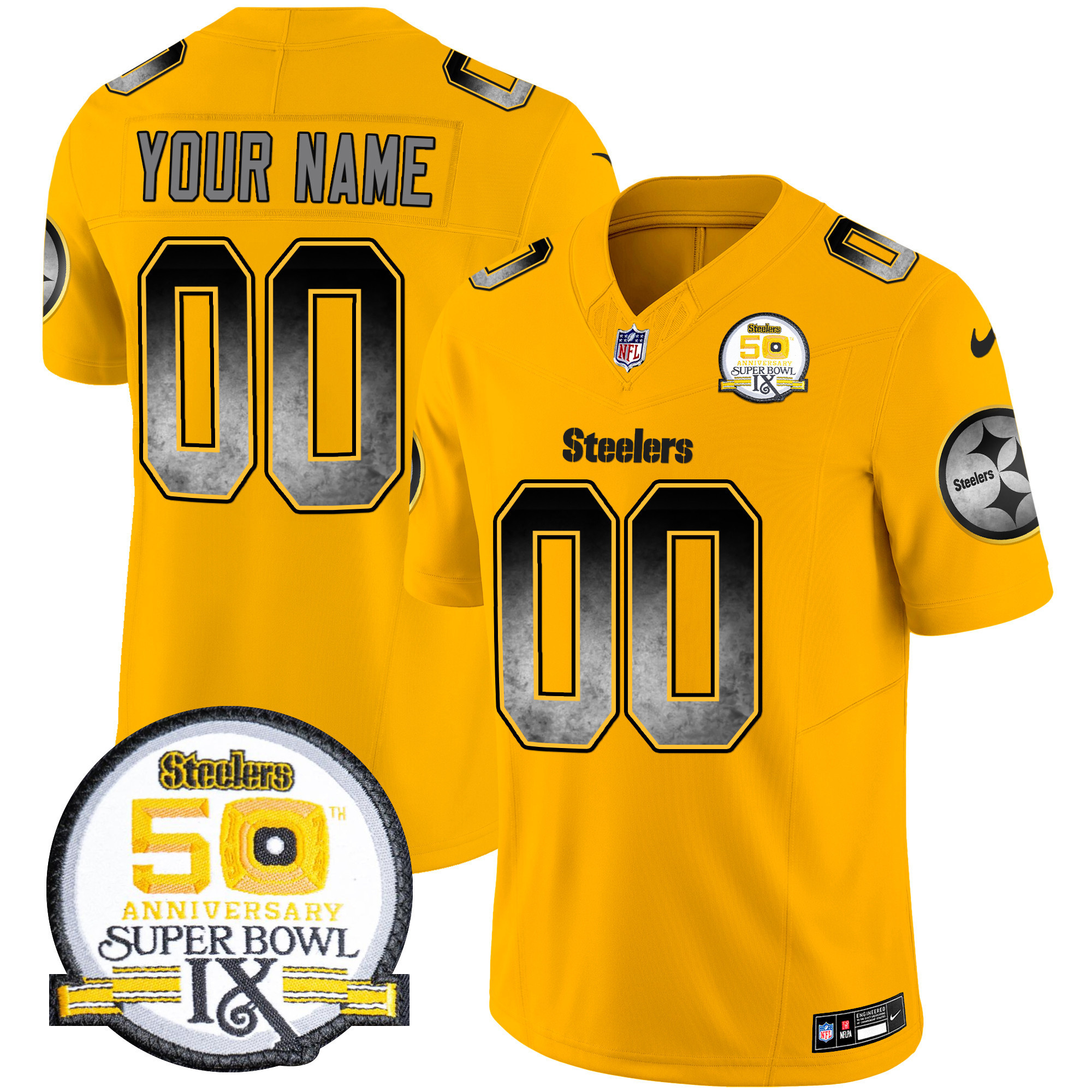 Men's Pittsburgh Steelers Arch Smoke 50th Anniversary Of Super Bowl IX Patch Vapor Limited Custom Gold Jersey - All Stitched