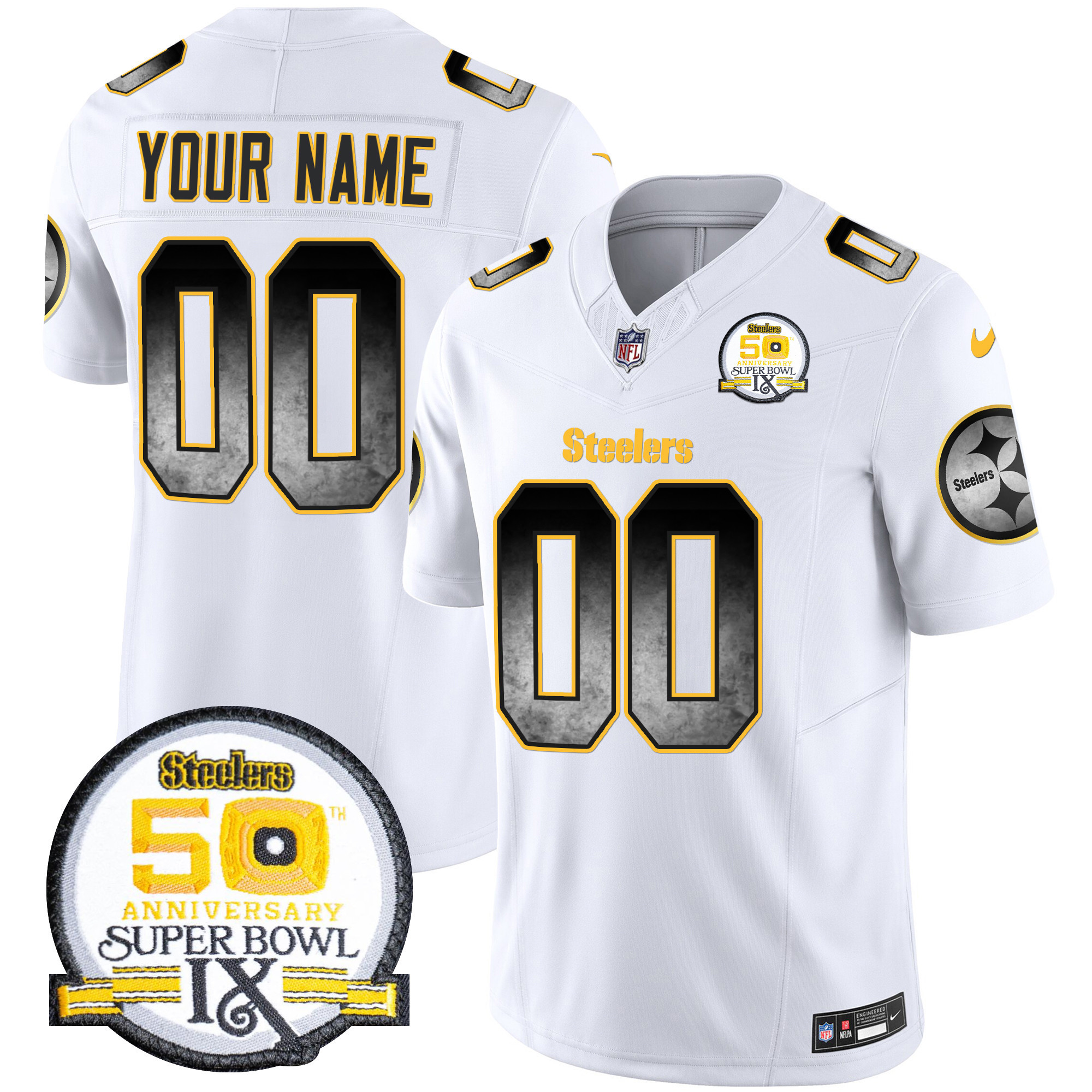 Men's Pittsburgh Steelers Arch Smoke 50th Anniversary Of Super Bowl IX Patch Vapor Limited Custom White Jersey - All Stitched