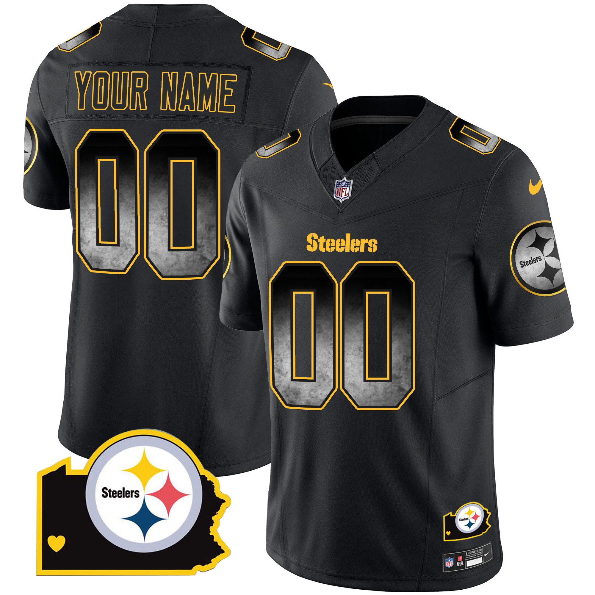 Men's Pittsburgh Steelers Arch Smoke Home Patch Vapor Custom Black Jersey - All Stitched
