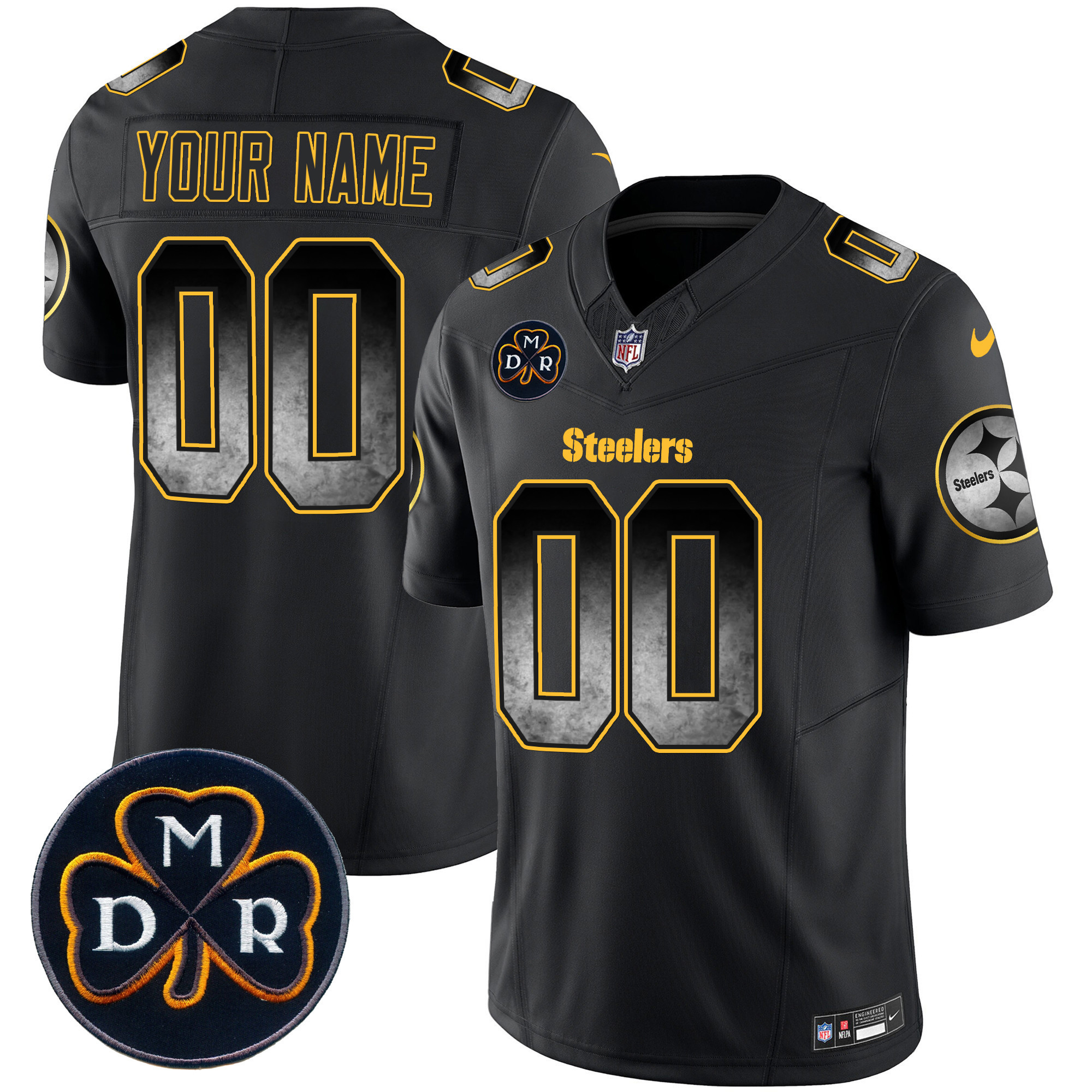 Men's Pittsburgh Steelers DMR Patch Arch Smoke Vapor Limited Custom Black Jersey - All Stitched