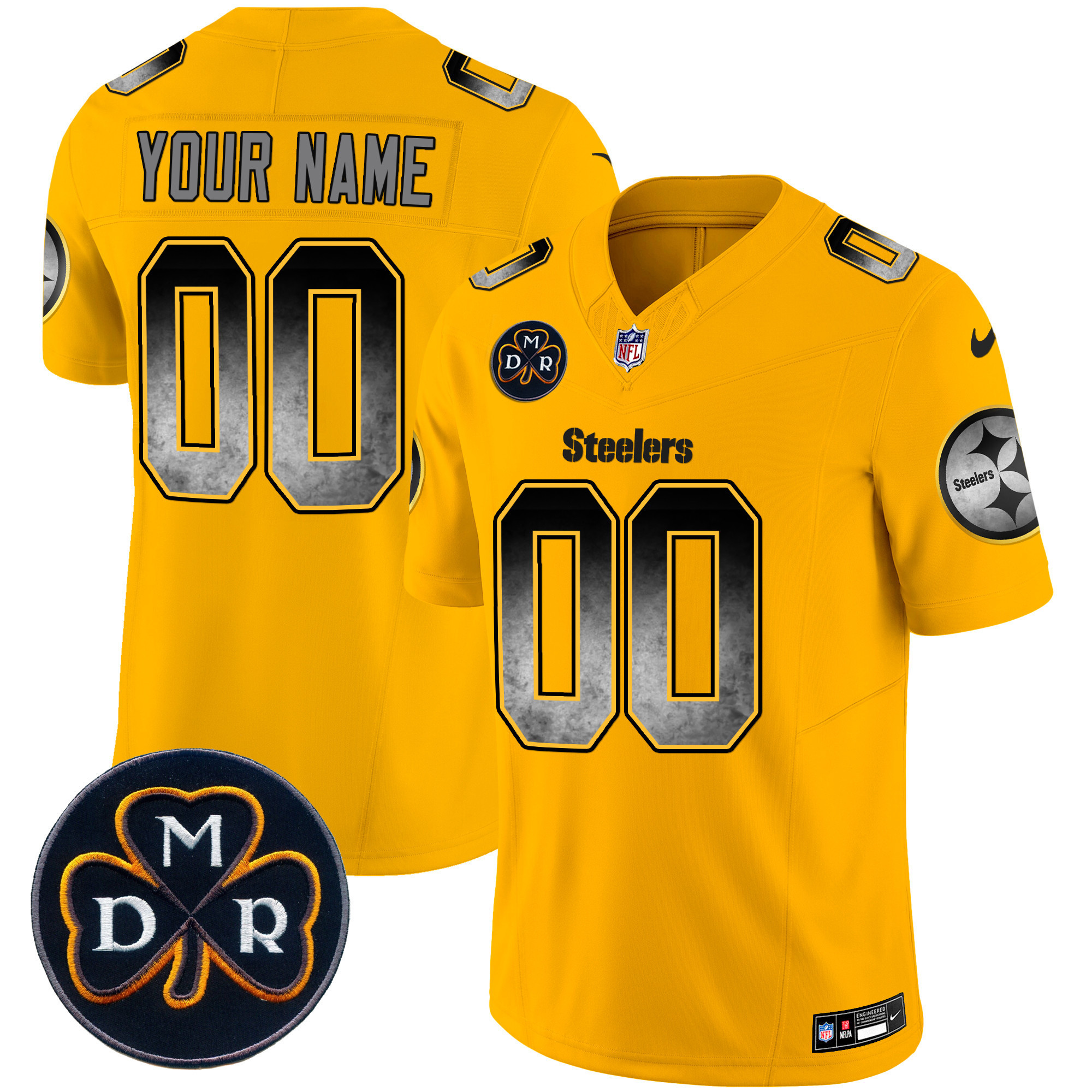 Men's Pittsburgh Steelers DMR Patch Arch Smoke Vapor Limited Custom Gold Jersey - All Stitched