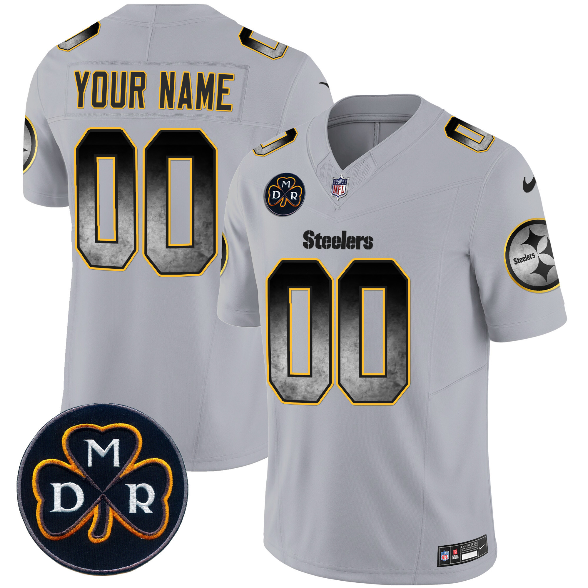 Men's Pittsburgh Steelers DMR Patch Arch Smoke Vapor Limited Custom Gray Jersey - All Stitched