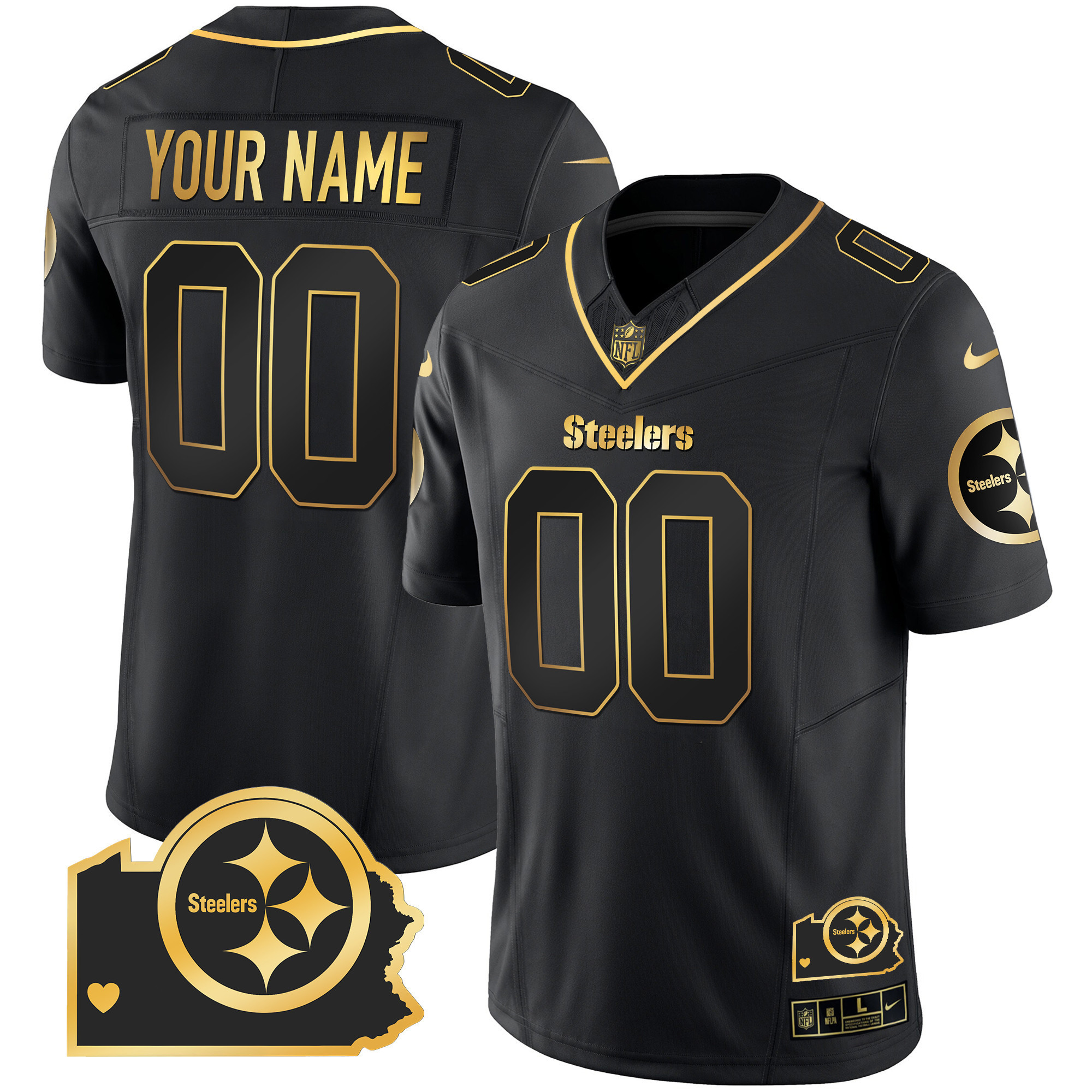 Men's Pittsburgh Steelers Home Patch Gold Vapor Custom Black Gold Jersey - All Stitched