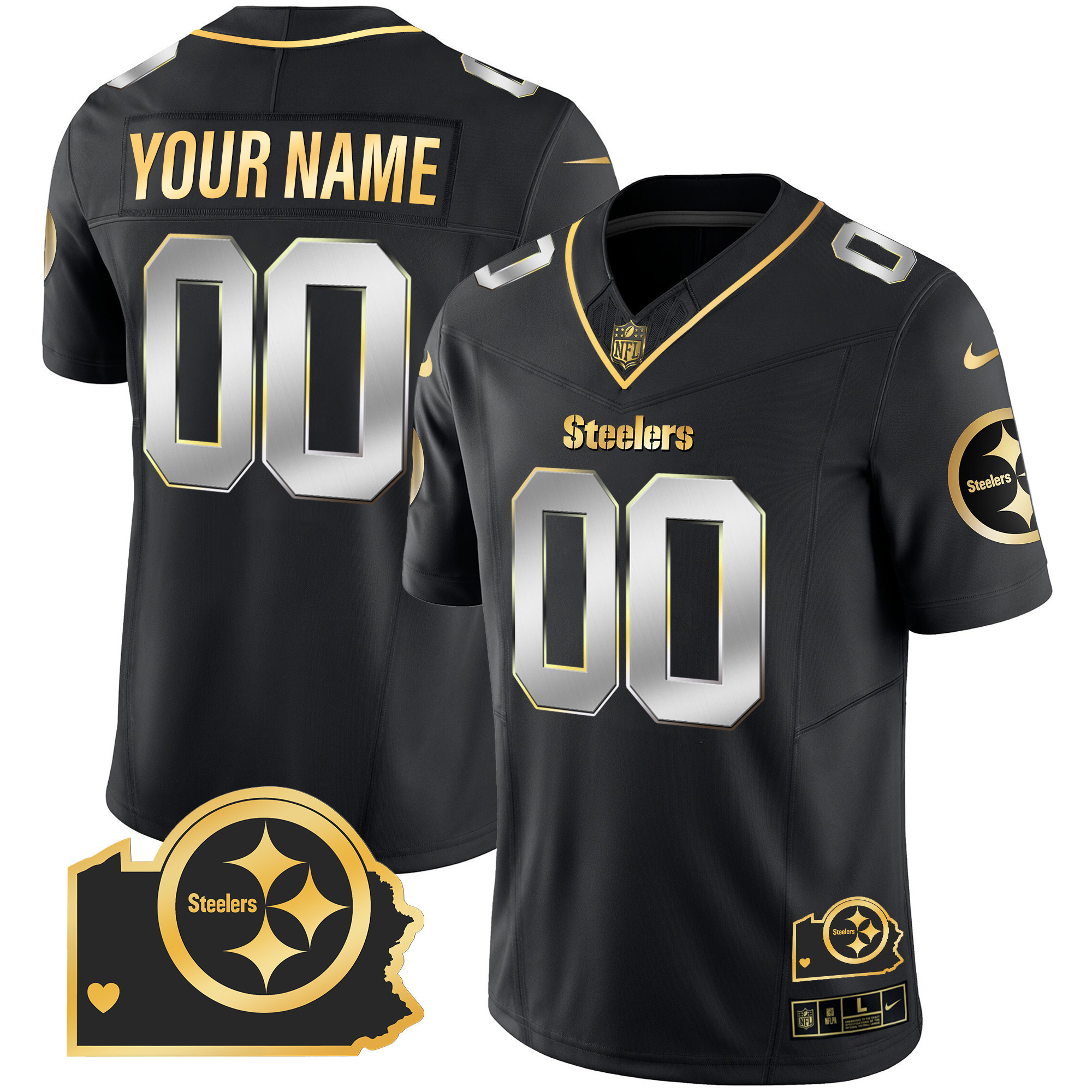 Men's Pittsburgh Steelers Home Patch Gold Vapor Custom Black Limited Jersey - All Stitched