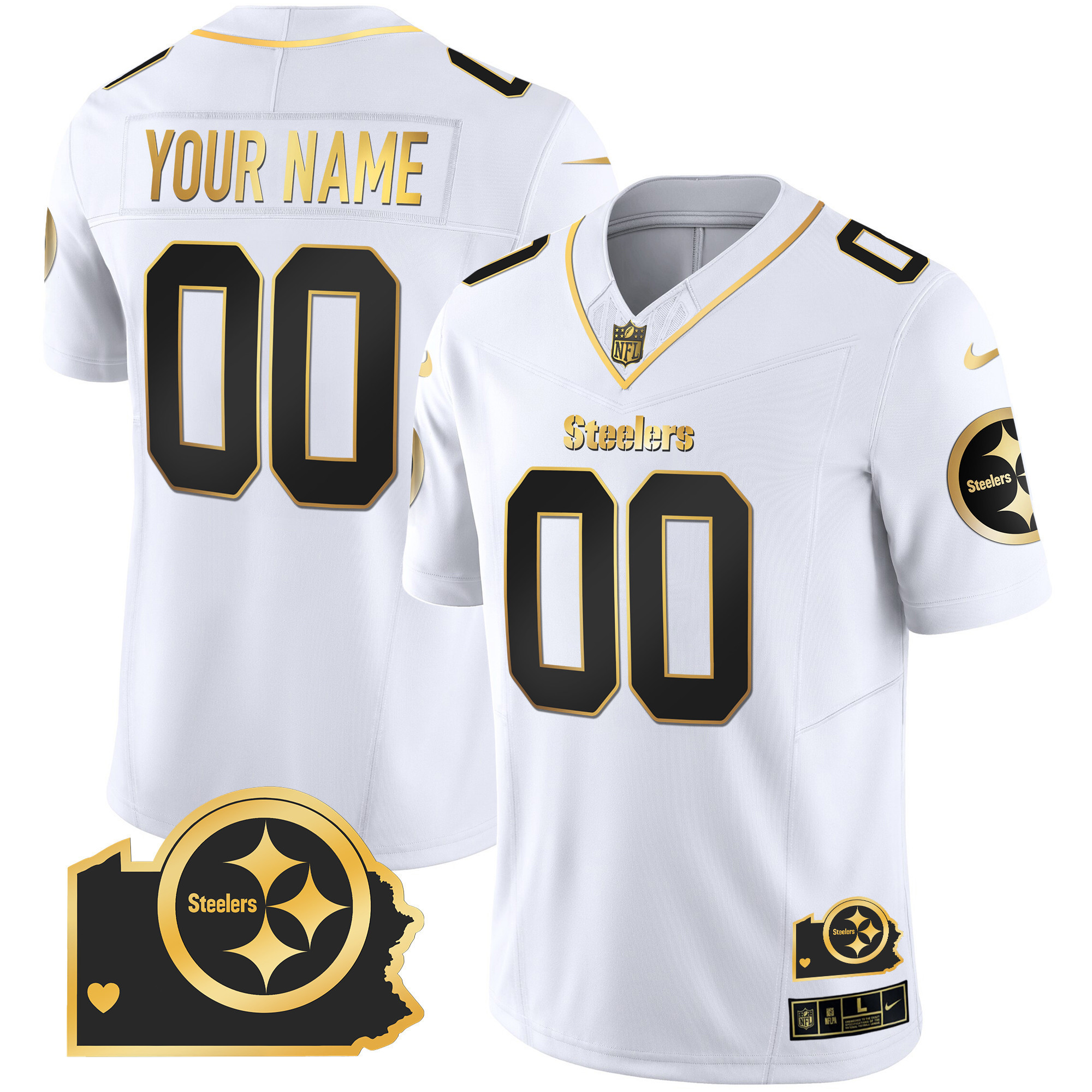 Men's Pittsburgh Steelers Home Patch Gold Vapor Custom White Gold Jersey - All Stitched