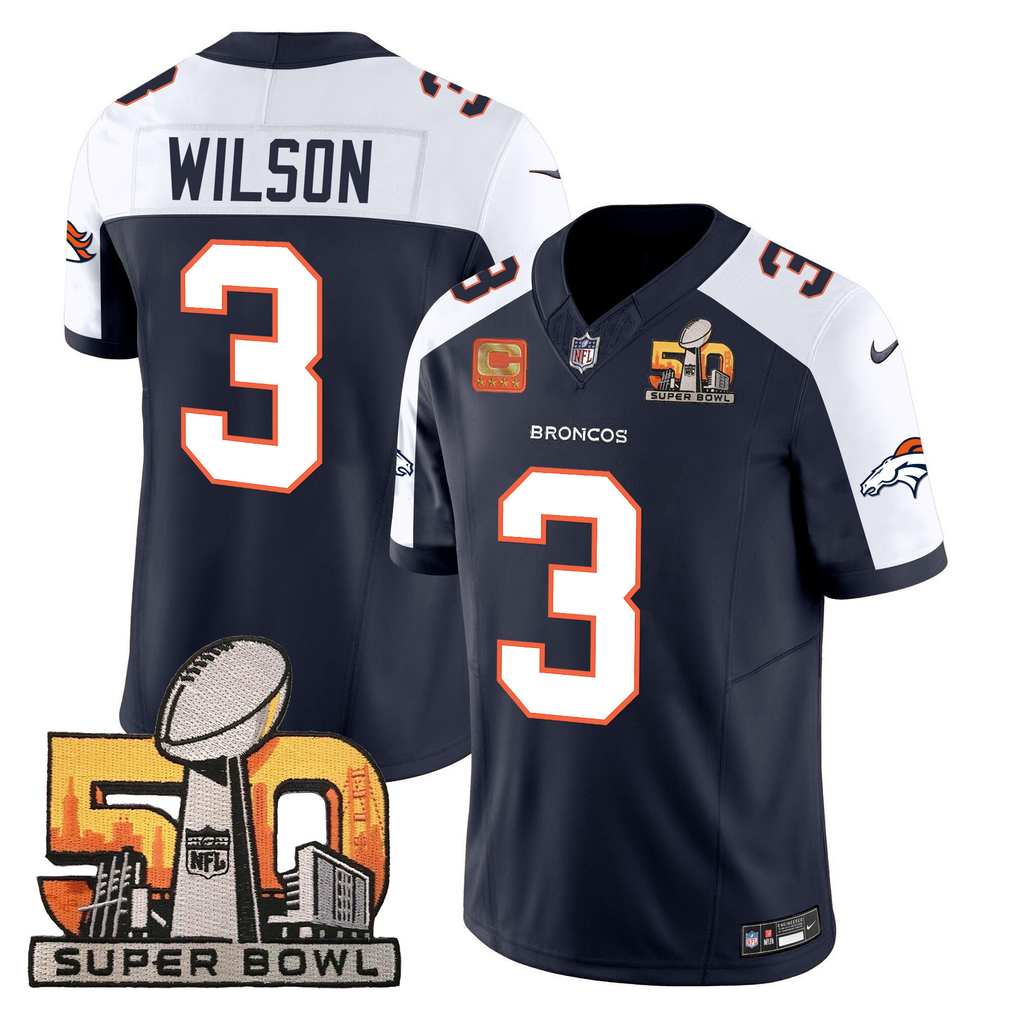 Men's Russell Wilson Denver Broncos Super Bowl 50 Patch Vapor Navy Alternate Jersey - All Stitched
