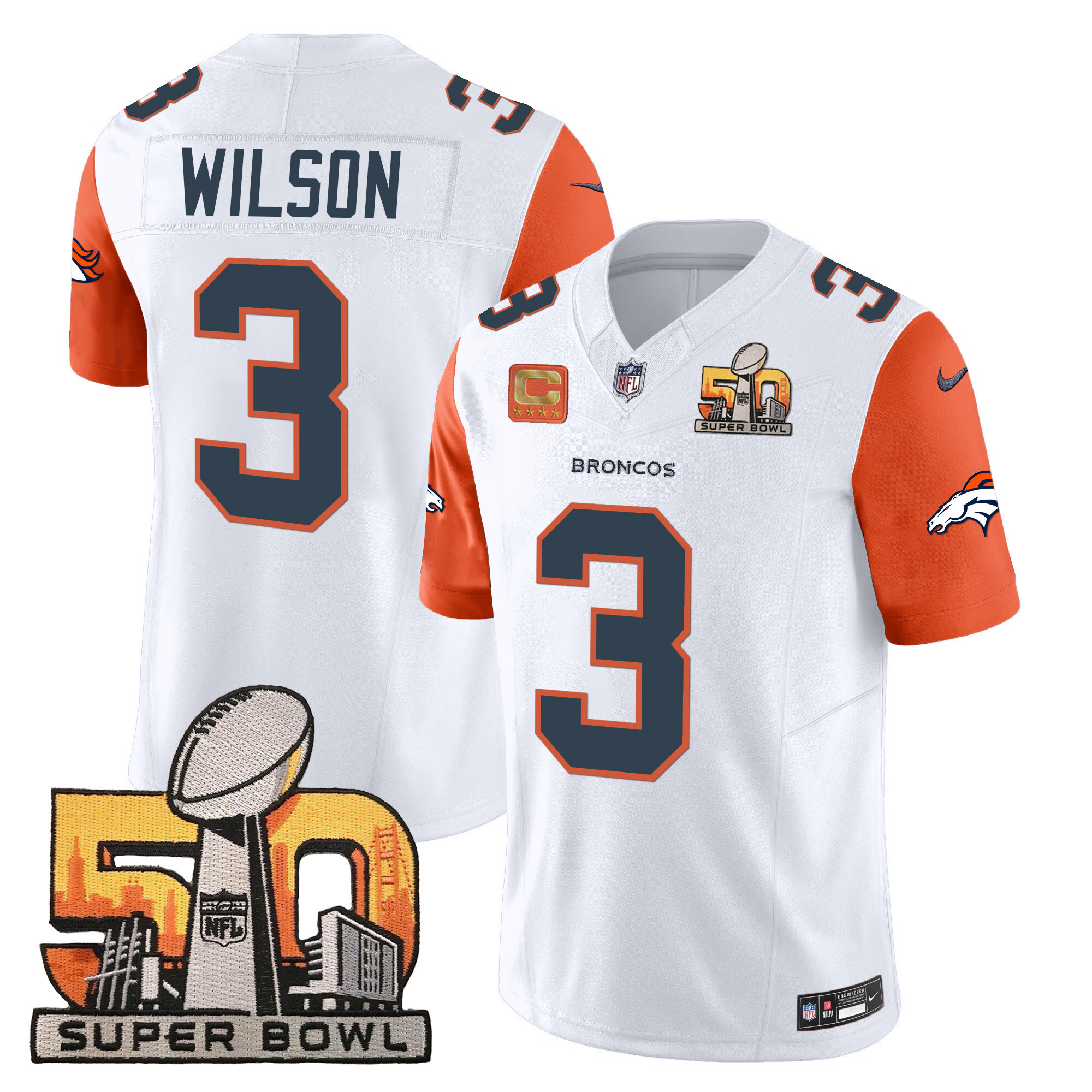 Men's Russell Wilson Denver Broncos Super Bowl 50 Patch Vapor Orange Sleeves Jersey - All Stitched
