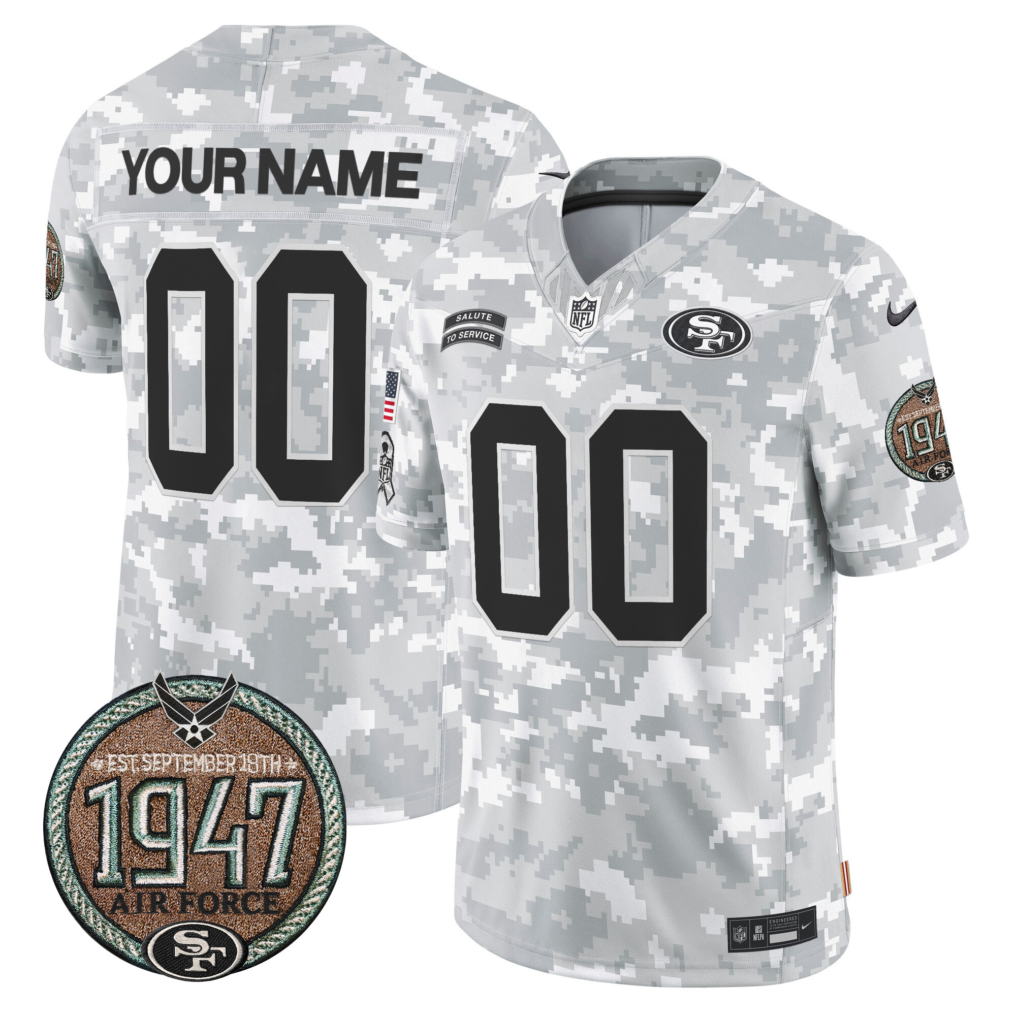 Men's San Francisco 49ers 2024 Salute to Service Establishment Year Patch Vapor Limited Custom Air Force Jersey - All Stitched