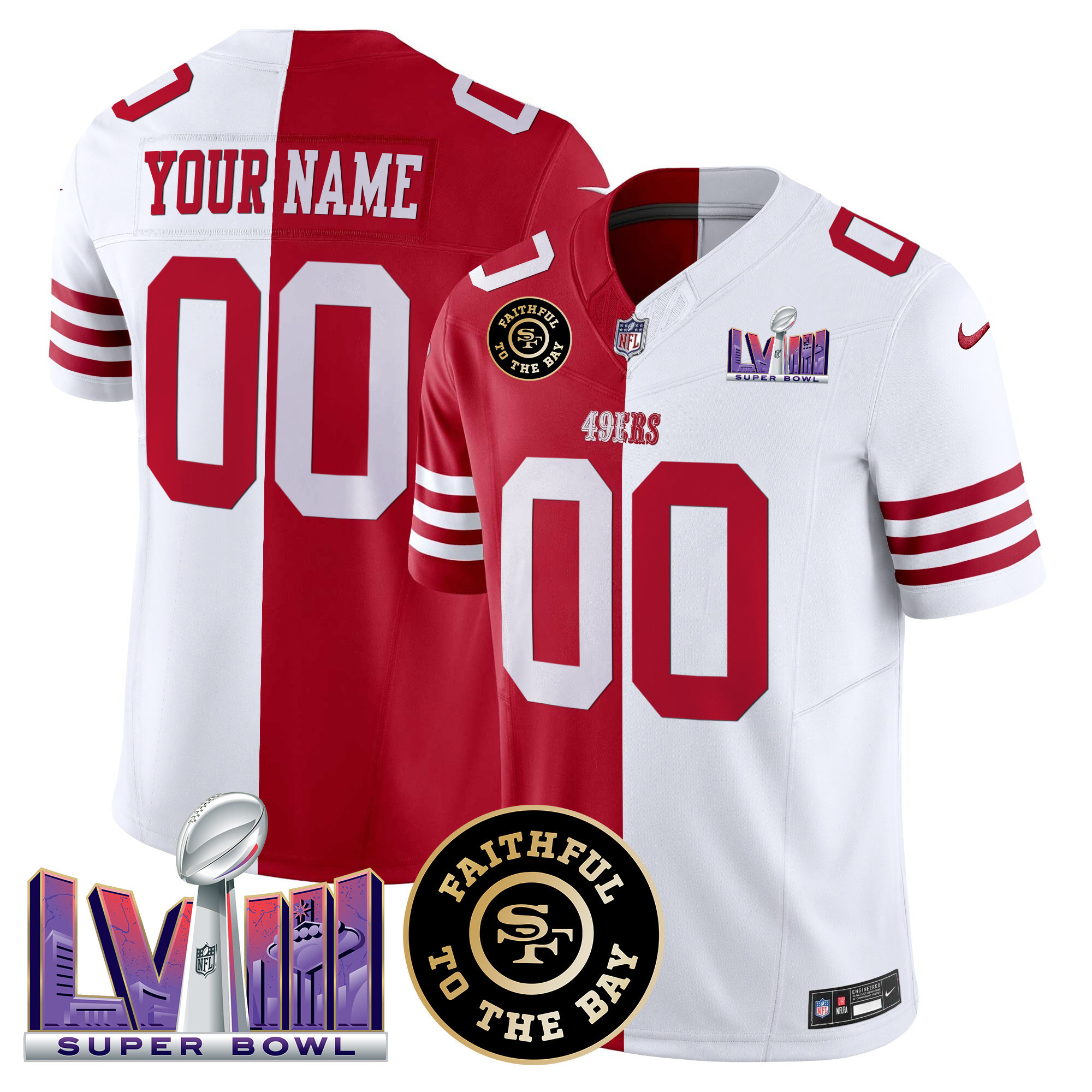 Men's San Francisco 49ers Faithful & Super Bowl LVIII Patch Vapor Custom Split Jersey - All Stitched