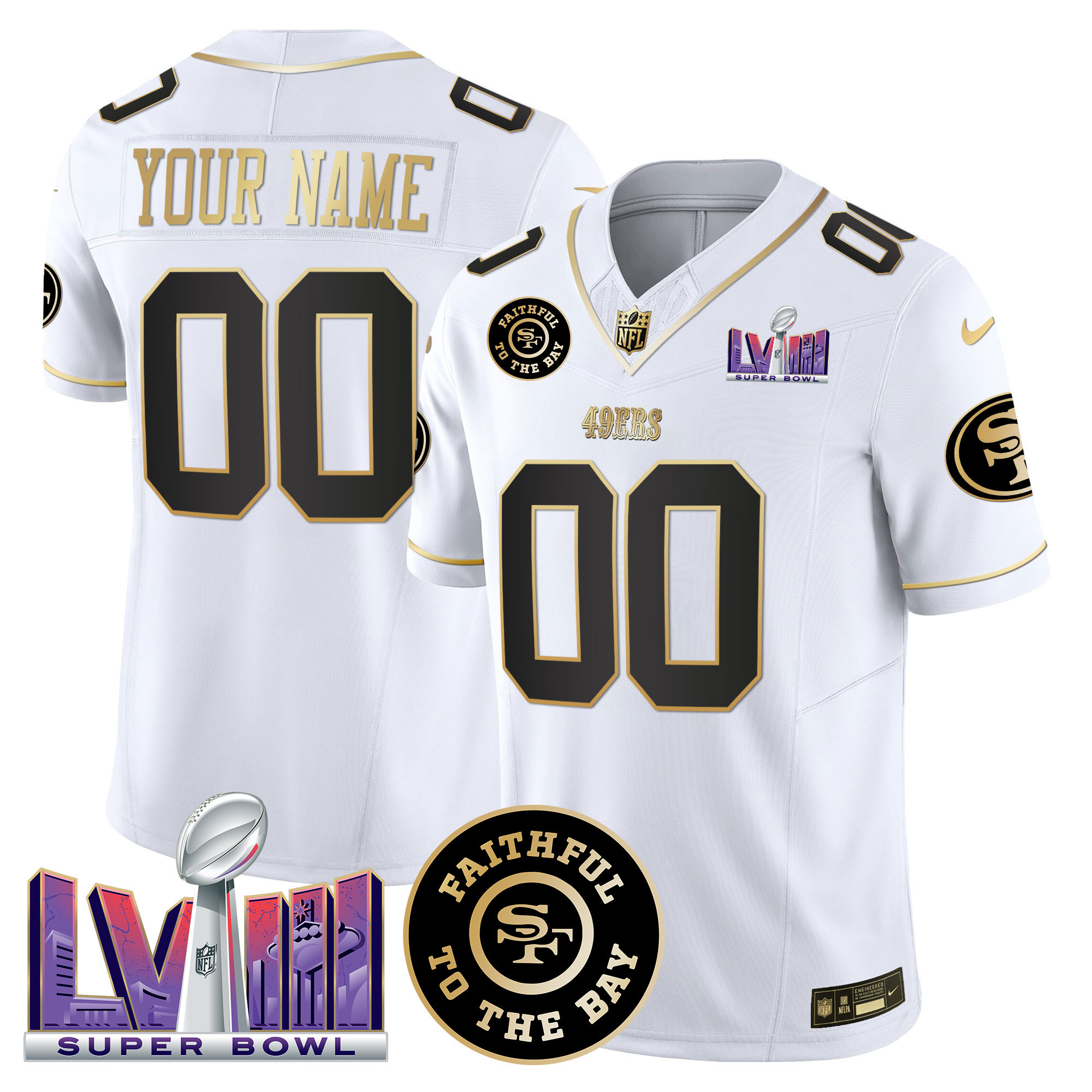 Men's San Francisco 49ers Faithful & Super Bowl LVIII Patch Vapor Custom White Gold Jersey - All Stitched