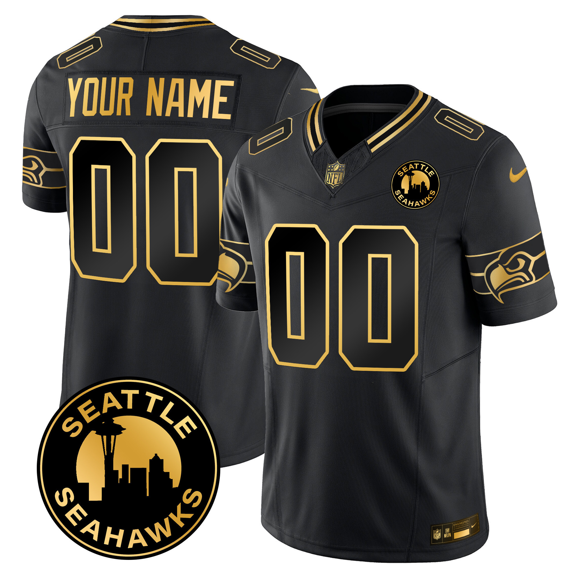 Men's Seattle Seahawks 2024 Seattle City Patch Gold Vapor Limited Custom Black Gold Jersey - All Stitched