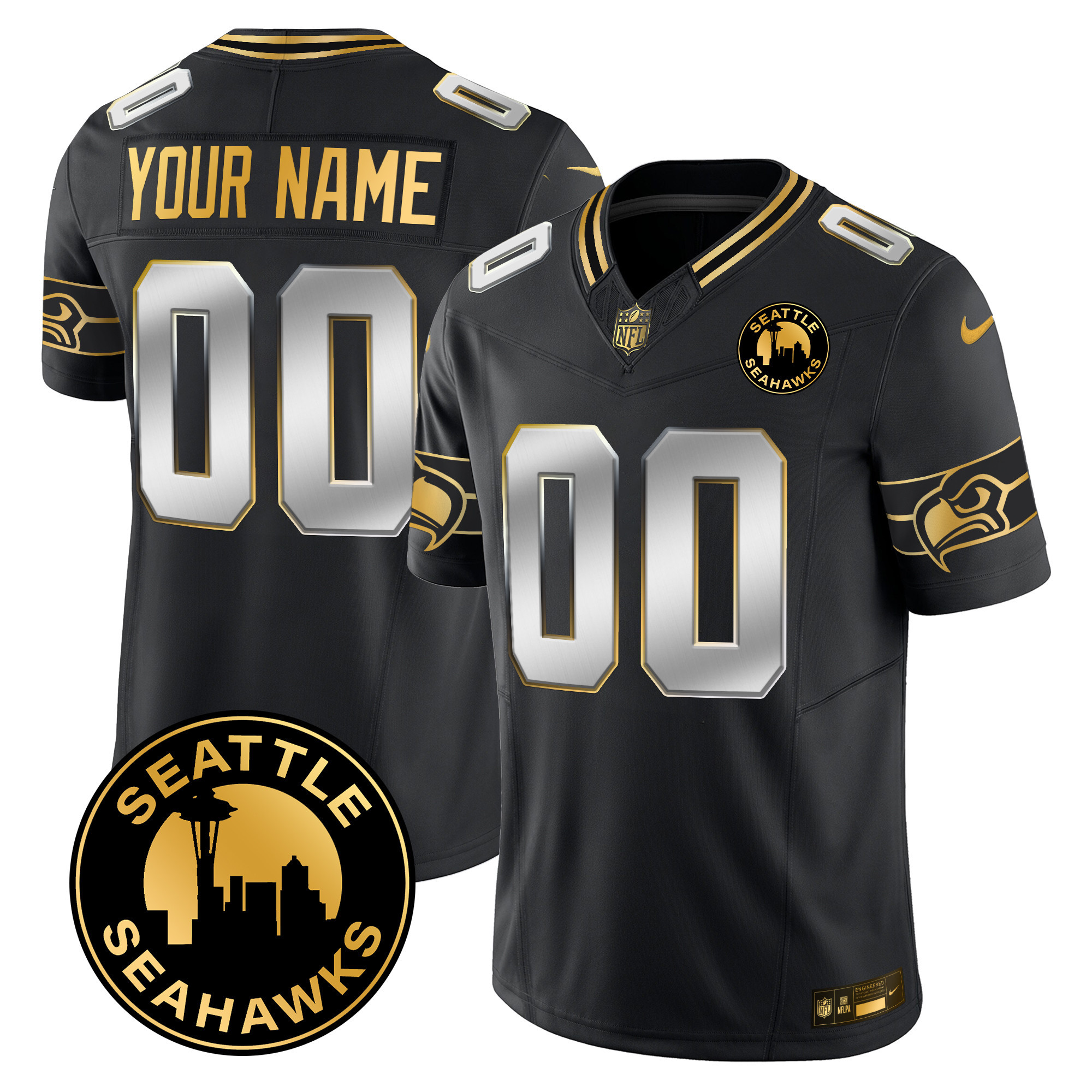 Men's Seattle Seahawks 2024 Seattle City Patch Gold Vapor Limited Custom Black Limited Jersey - All Stitched