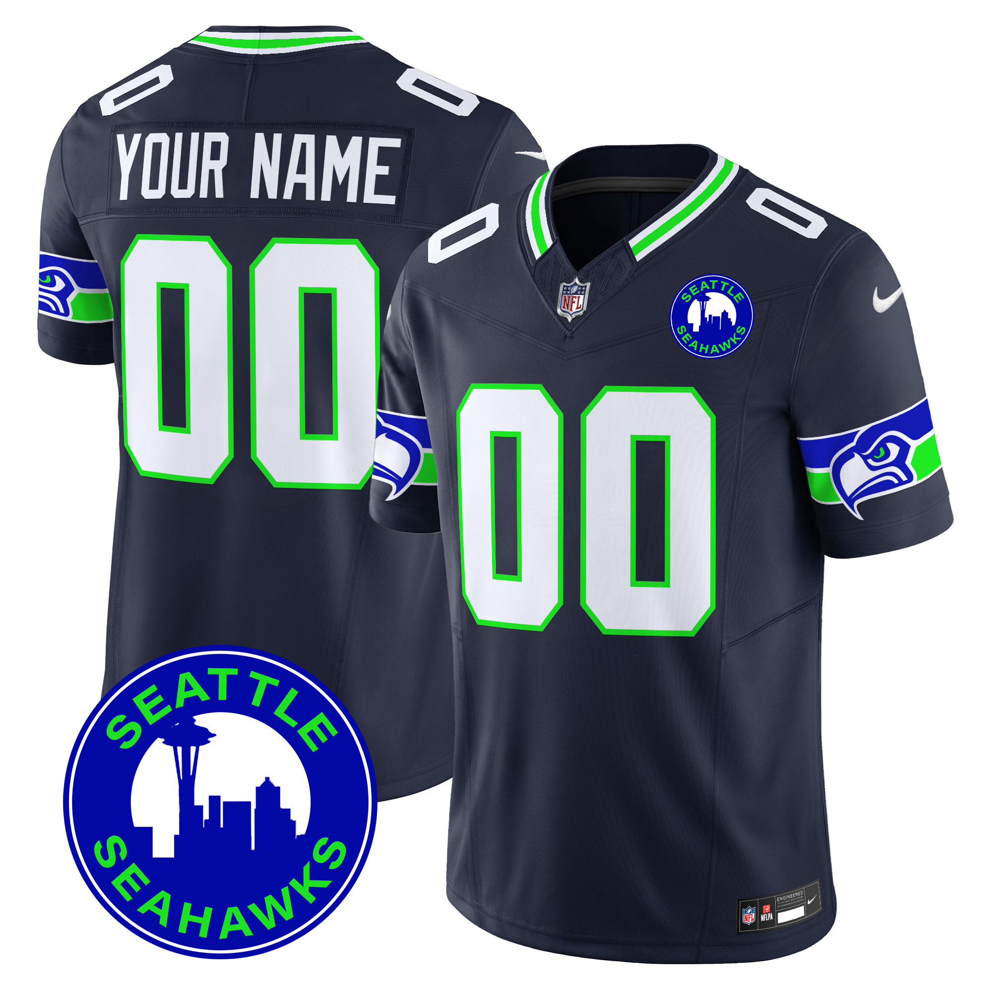 Men's Seattle Seahawks 2024 Seattle City Patch Vapor Limited Custom Navy Jersey - All Stitched