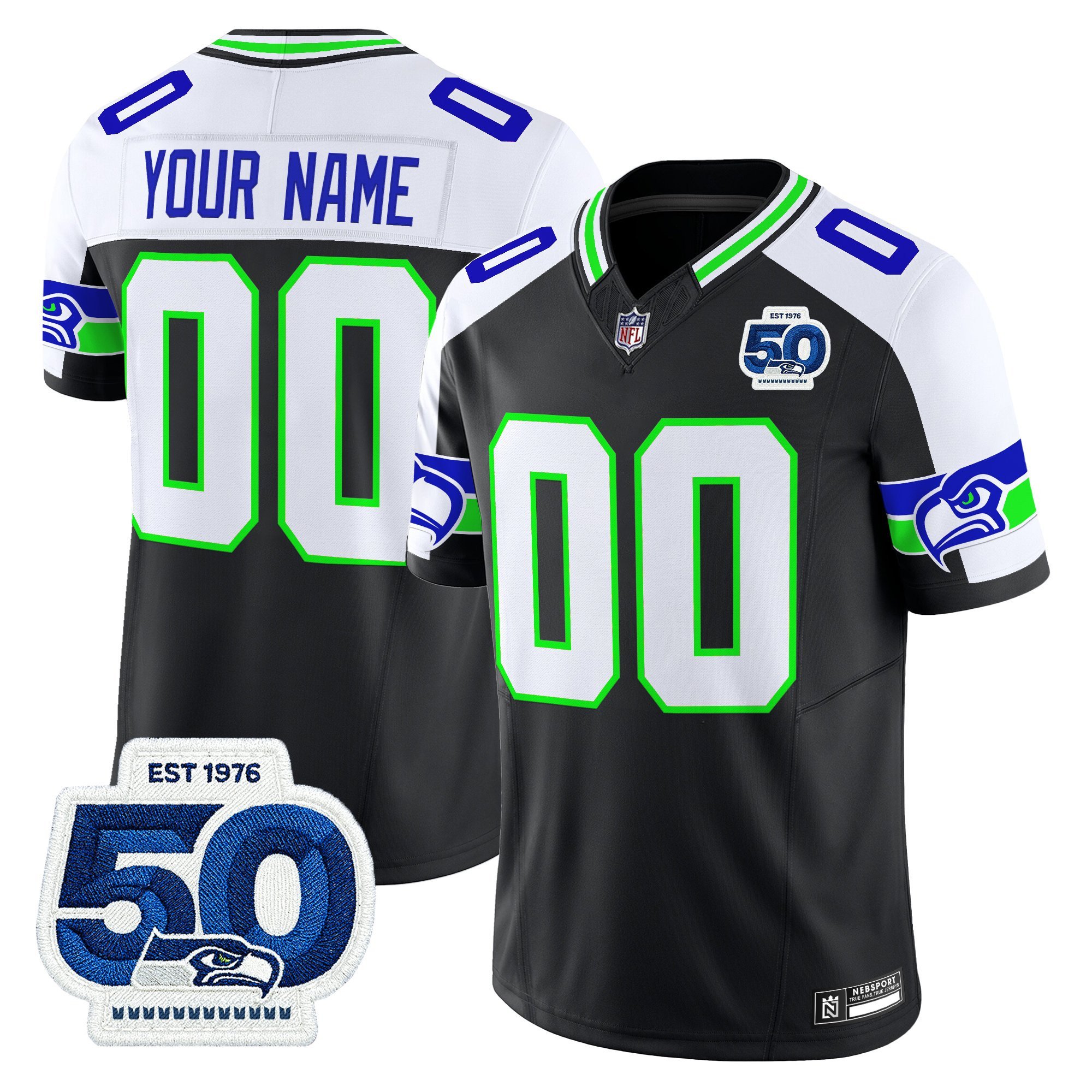 Men's Seattle Seahawks 50th Anniversary Patch Vapor Limited Custom Black Alternate Jersey - All Stitched