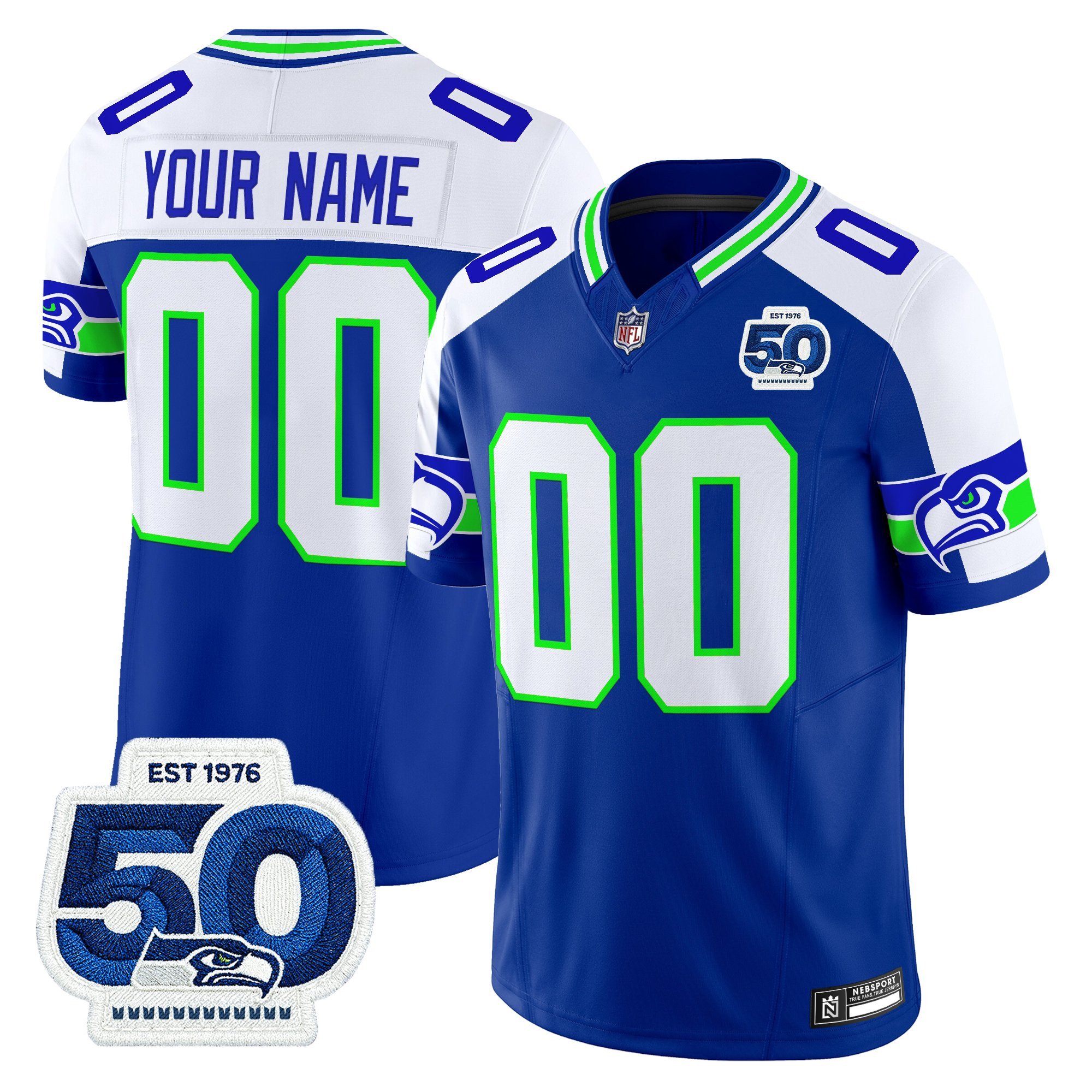 Men's Seattle Seahawks 50th Anniversary Patch Vapor Limited Custom Royal Alternate Jersey - All Stitched
