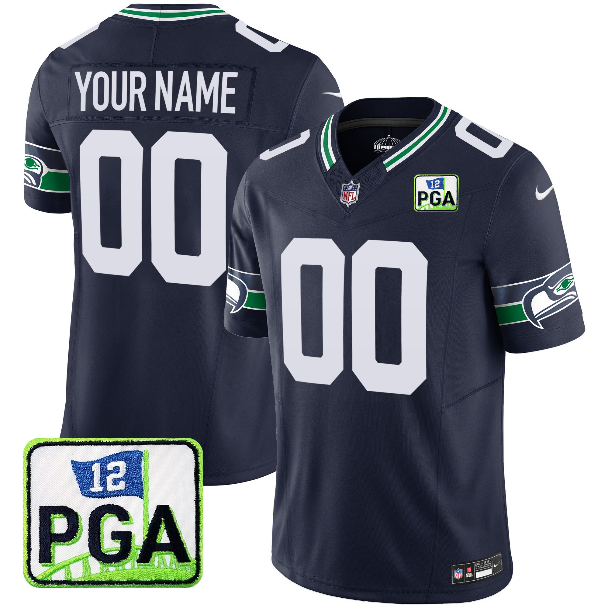 Men's Seattle Seahawks PGA Patch Vapor Limited Custom Navy Jersey - All Stitched