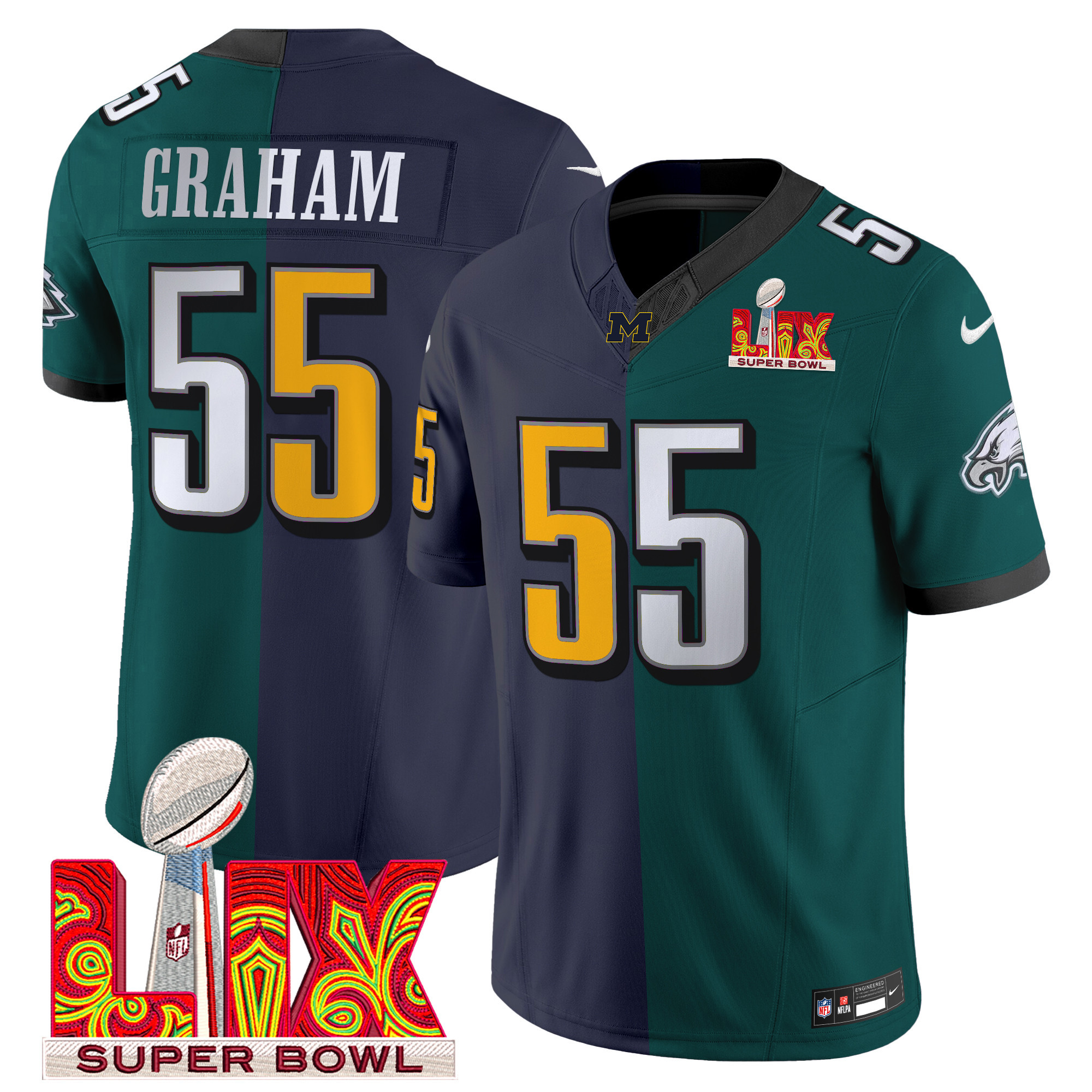 Men's Split Philadelphia Eagles Midnight Green Super Bowl LIX & College Football Vapor Limited Brandon Graham Jersey - All Stitched
