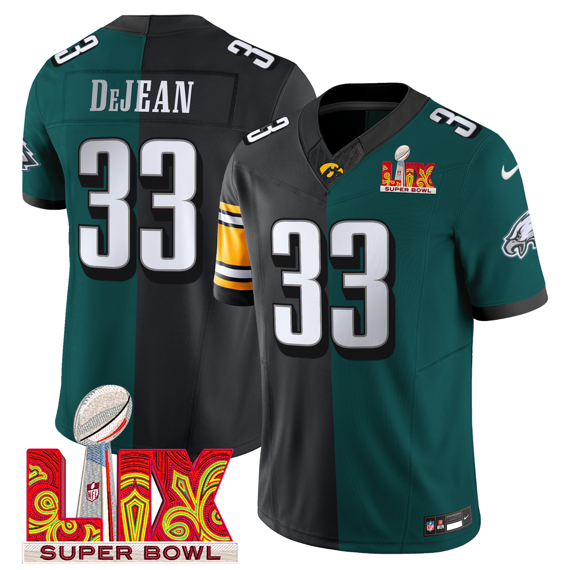 Men's Split Philadelphia Eagles Midnight Green Super Bowl LIX & College Football Vapor Limited Cooper DeJean Jersey - All Stitched