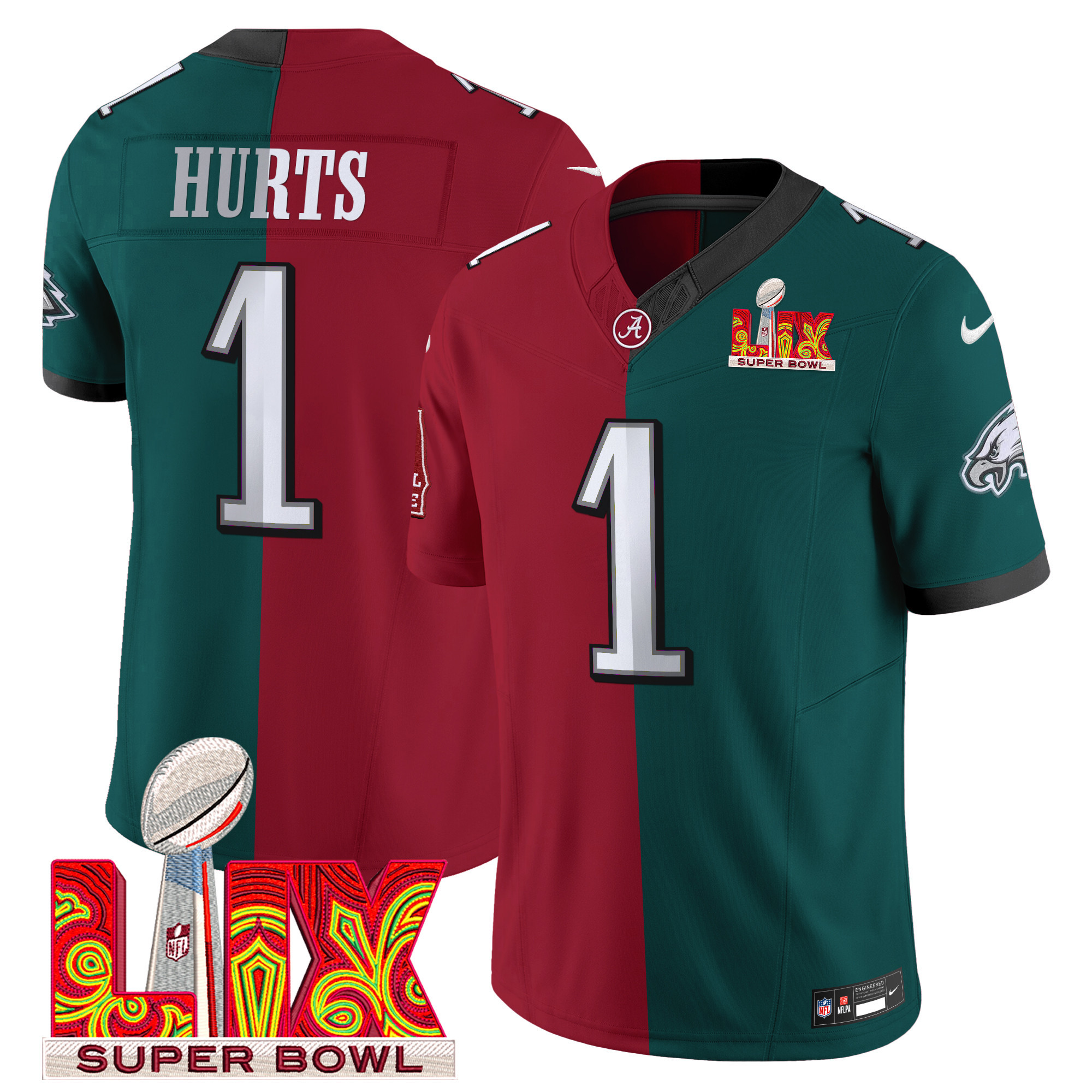 Men's Split Philadelphia Eagles Midnight Green Super Bowl LIX & College Football Vapor Limited Jalen Hurts Jersey - All Stitched