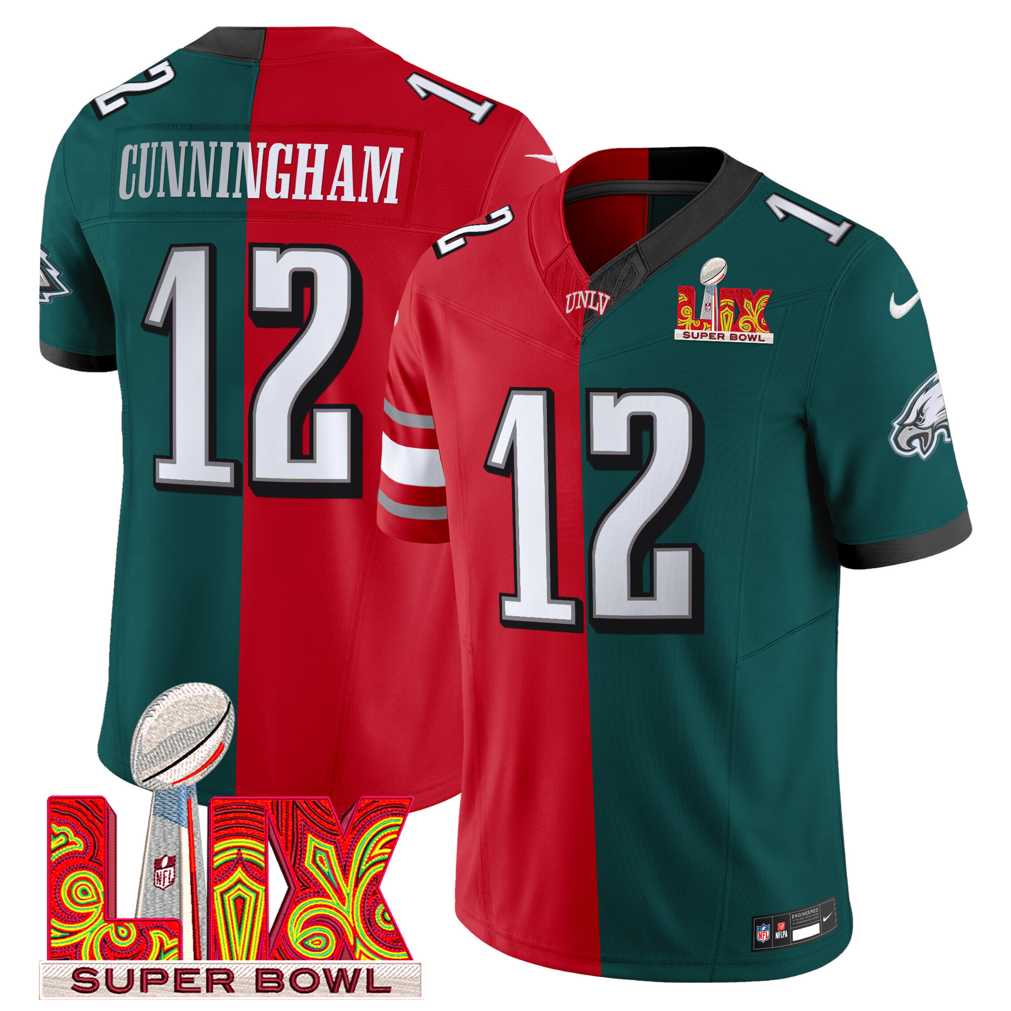Men's Split Philadelphia Eagles Midnight Green Super Bowl LIX & College Football Vapor Limited Randall Cunningham Jersey - All Stitched