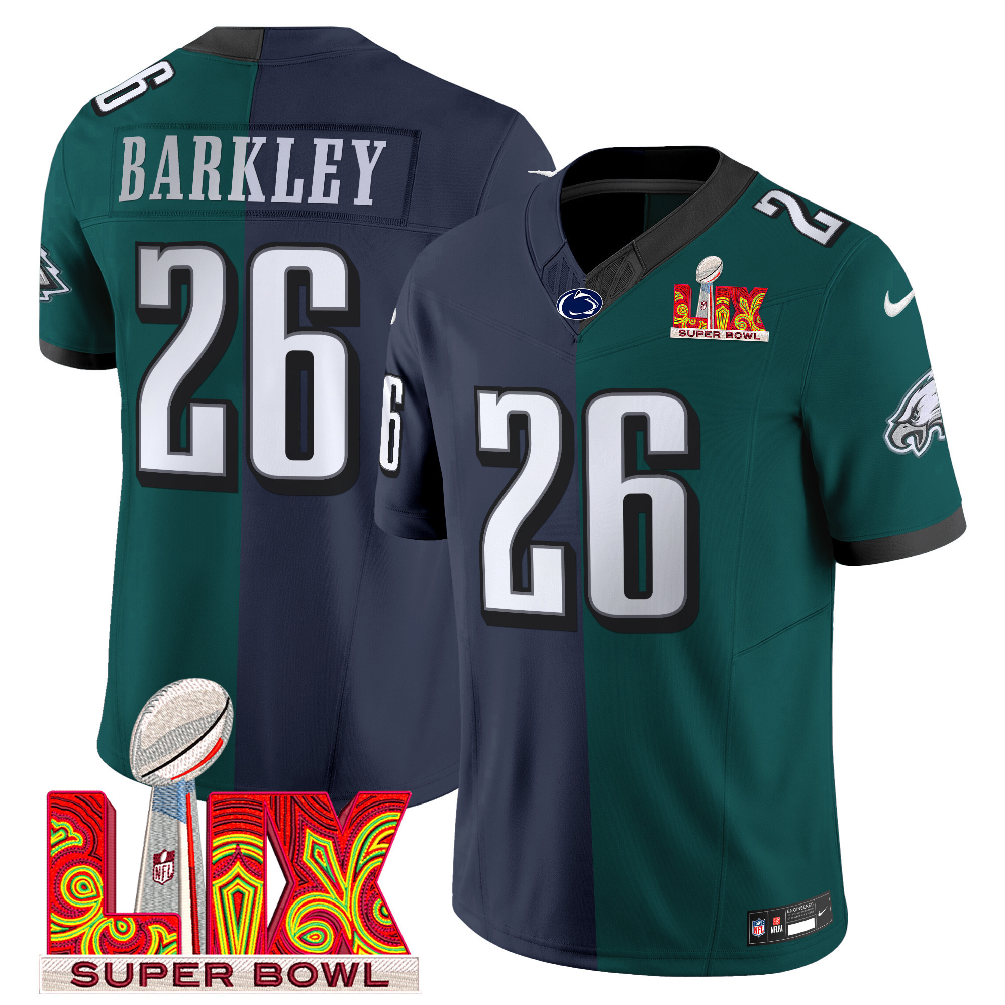 Men's Split Philadelphia Eagles Midnight Green Super Bowl LIX & College Football Vapor Limited Saquon Barkley (Navy) Jersey - All Stitched