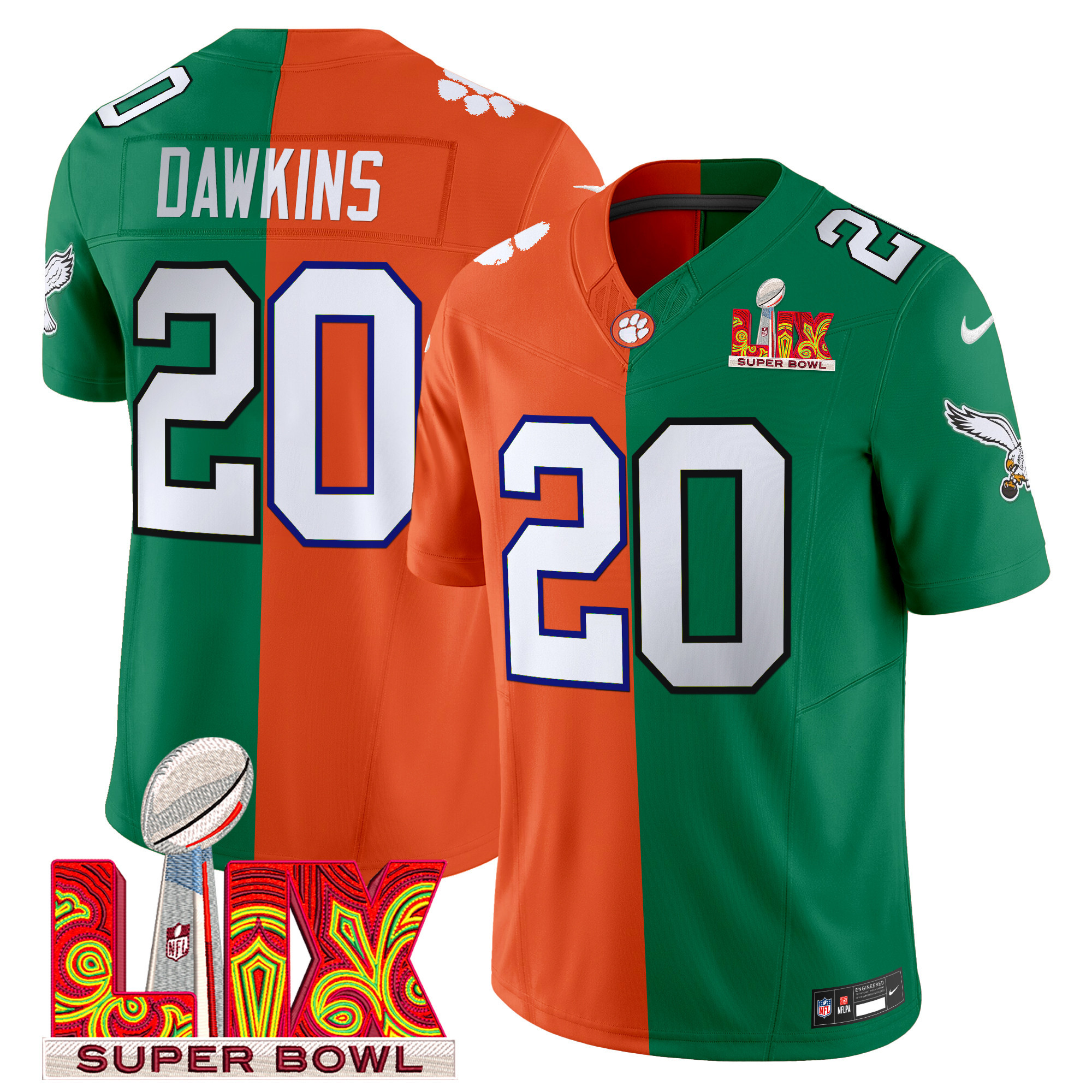 Men's Split Philadelphia Eagles Super Bowl LIX & College Football Vapor Limited Brian Dawkins Jersey - All Stitched