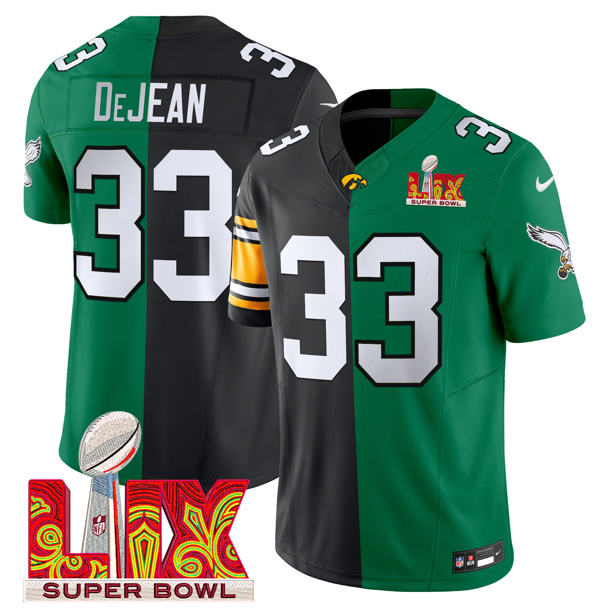 Men's Split Philadelphia Eagles Super Bowl LIX & College Football Vapor Limited Cooper DeJean Jersey - All Stitched