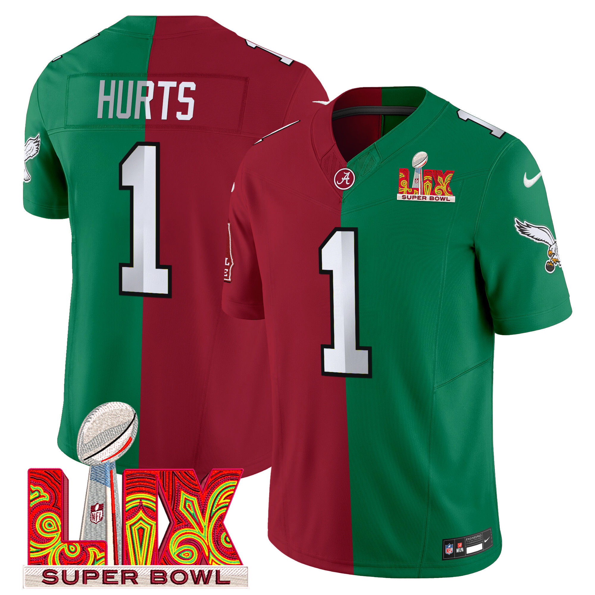 Men's Split Philadelphia Eagles Super Bowl LIX & College Football Vapor Limited Jalen Hurts Jersey - All Stitched