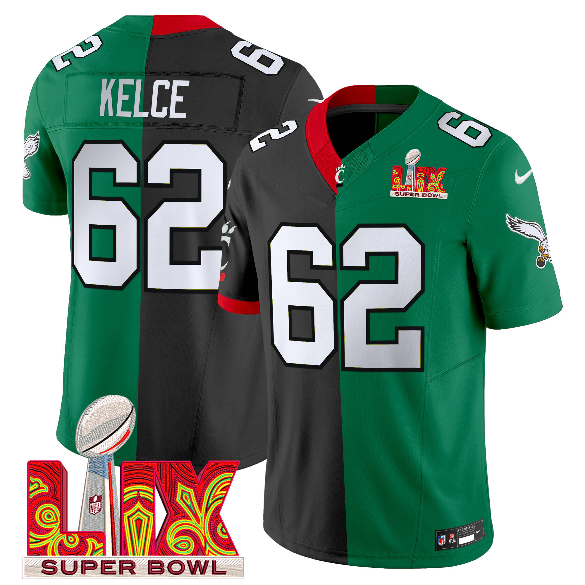Men's Split Philadelphia Eagles Super Bowl LIX & College Football Vapor Limited Jason Kelce Jersey - All Stitched