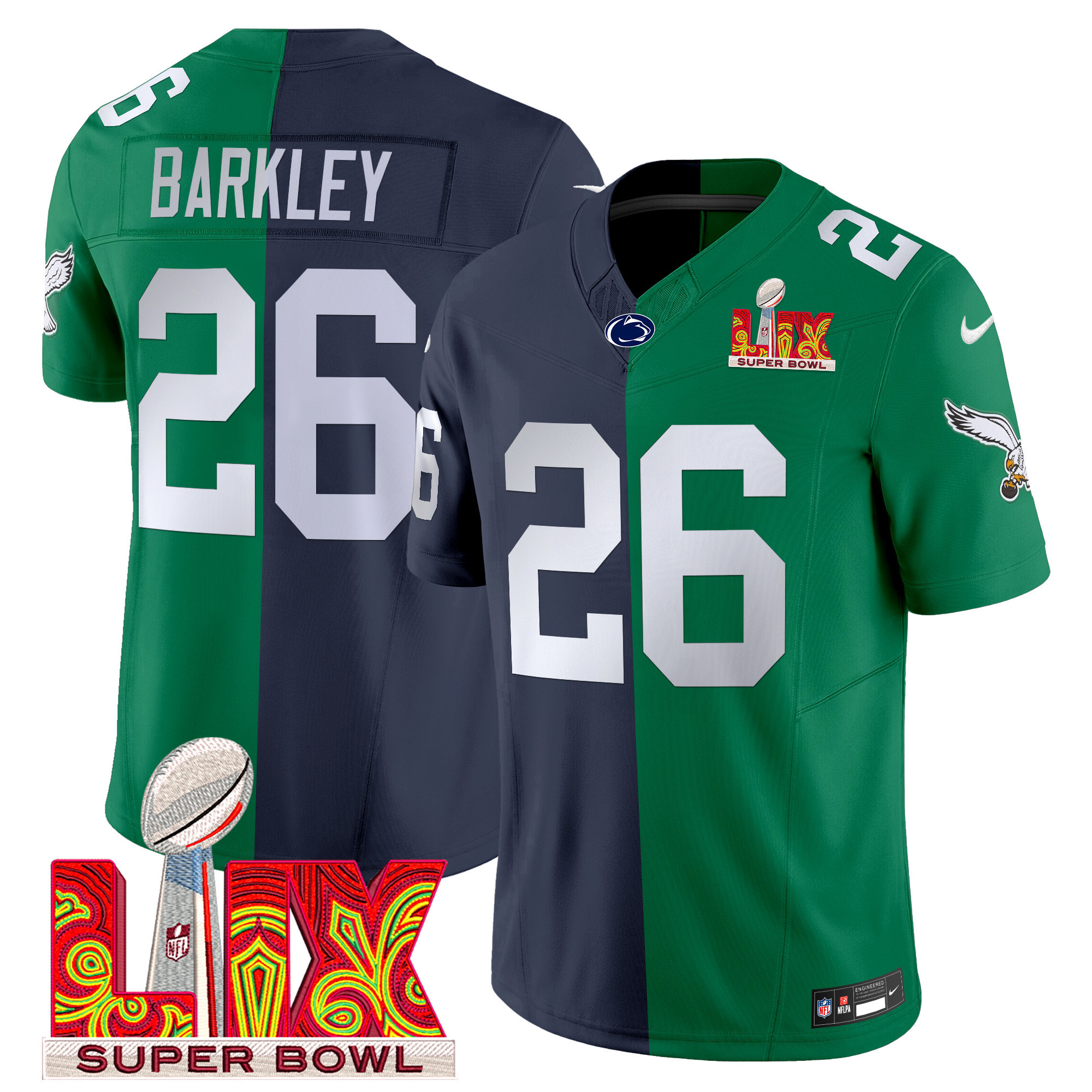 Men's Split Philadelphia Eagles Super Bowl LIX & College Football Vapor Limited Saquon Barkley (Navy) Jersey - All Stitched