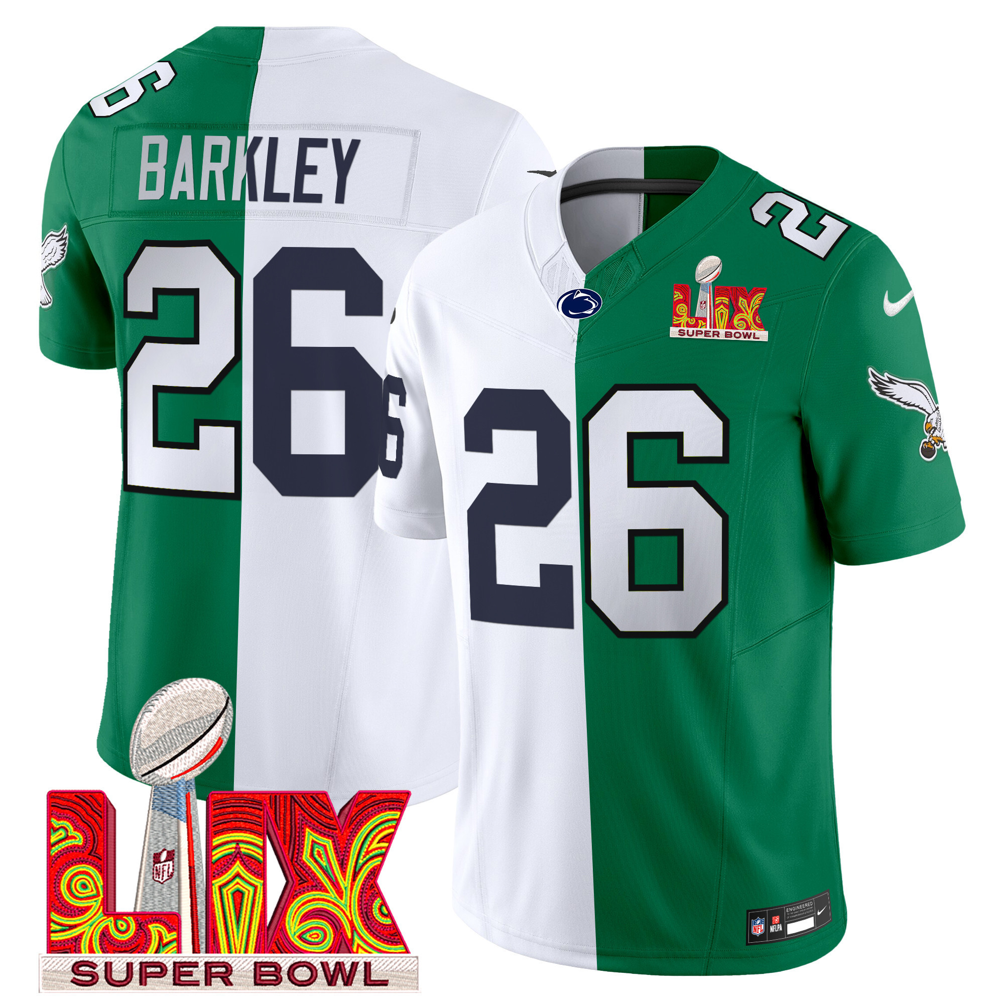 Men's Split Philadelphia Eagles Super Bowl LIX & College Football Vapor Limited Saquon Barkley Jersey - All Stitched