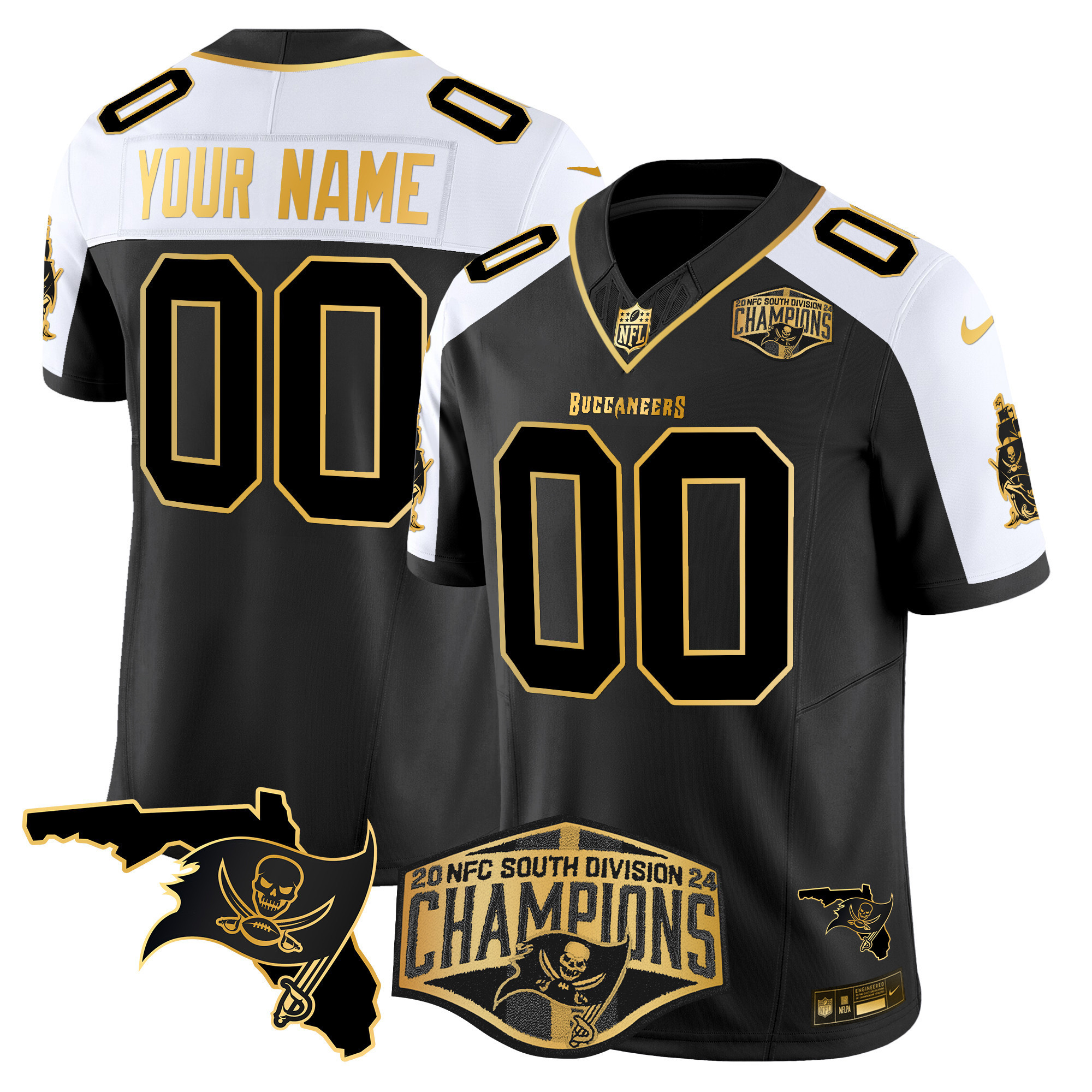 Men's Tampa Bay Buccaneers 2024 NFC South Division Champions Patch Gold Vapor Limited Custom Black Alternate Jersey - All Stitched