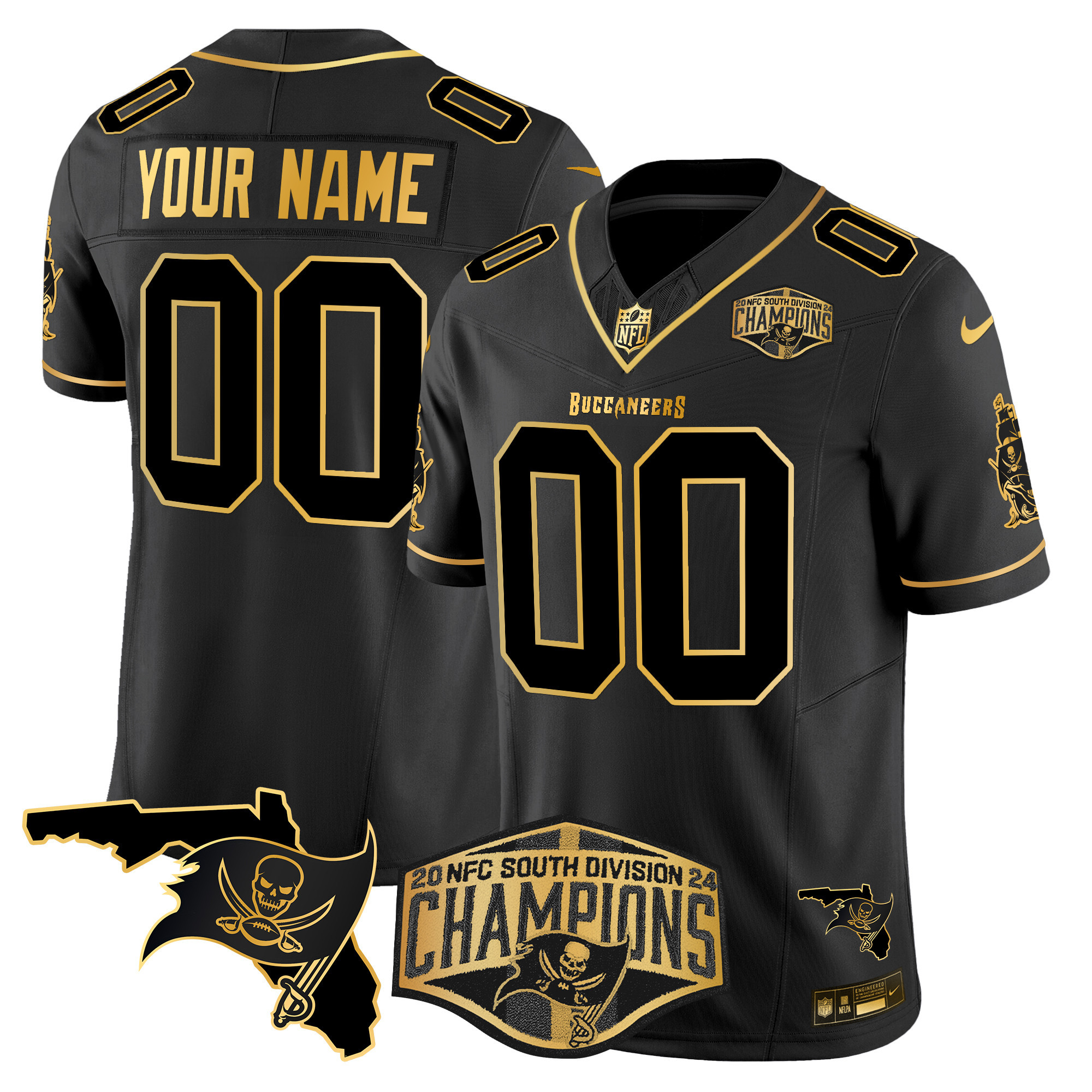 Men's Tampa Bay Buccaneers 2024 NFC South Division Champions Patch Gold Vapor Limited Custom Black Gold Jersey - All Stitched