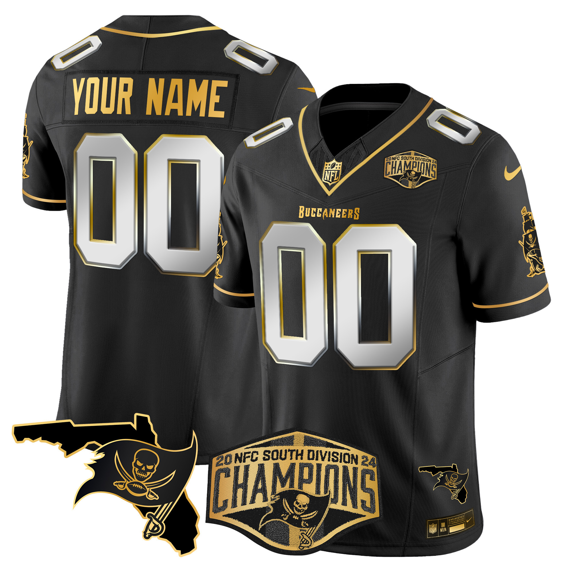 Men's Tampa Bay Buccaneers 2024 NFC South Division Champions Patch Gold Vapor Limited Custom Black Limited Jersey - All Stitched