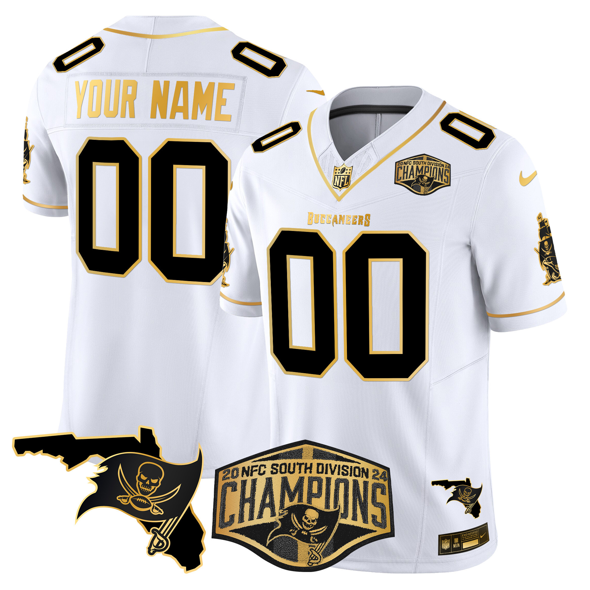 Men's Tampa Bay Buccaneers 2024 NFC South Division Champions Patch Gold Vapor Limited Custom White Gold Jersey - All Stitched