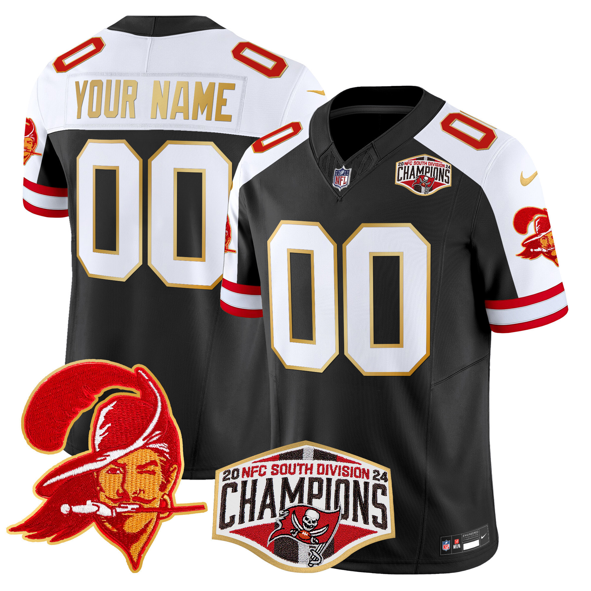 Men's Tampa Bay Buccaneers Creamsicle 2024 NFC South Division Champions Patch Gold Trim Vapor Limited Custom Black Alternate Jersey - All Stitched