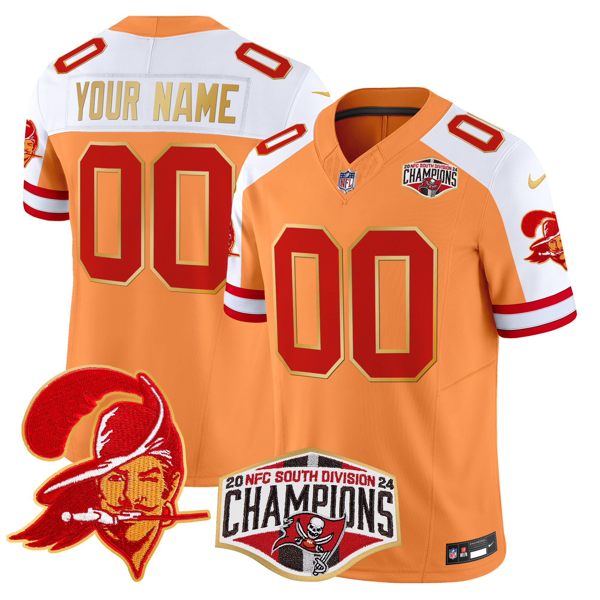 Men's Tampa Bay Buccaneers Creamsicle 2024 NFC South Division Champions Patch Gold Trim Vapor Limited Custom Creamsicle Alternate Jersey - All Stitched