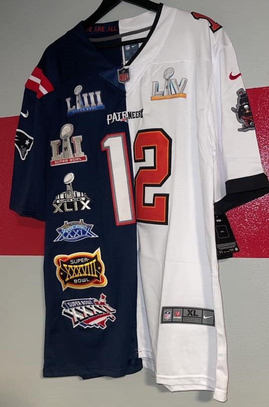 Men's Tom Brady Patriots Tampa Bay Buccaneers Split Navy White Super Bowl Patch Split Jersey - All Stitched