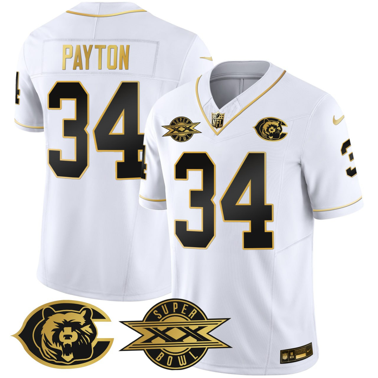Men's Walter Payton Chicago Bears 1986 Chicago Bears Super Bowl Patch White Gold Jersey - All Stitched